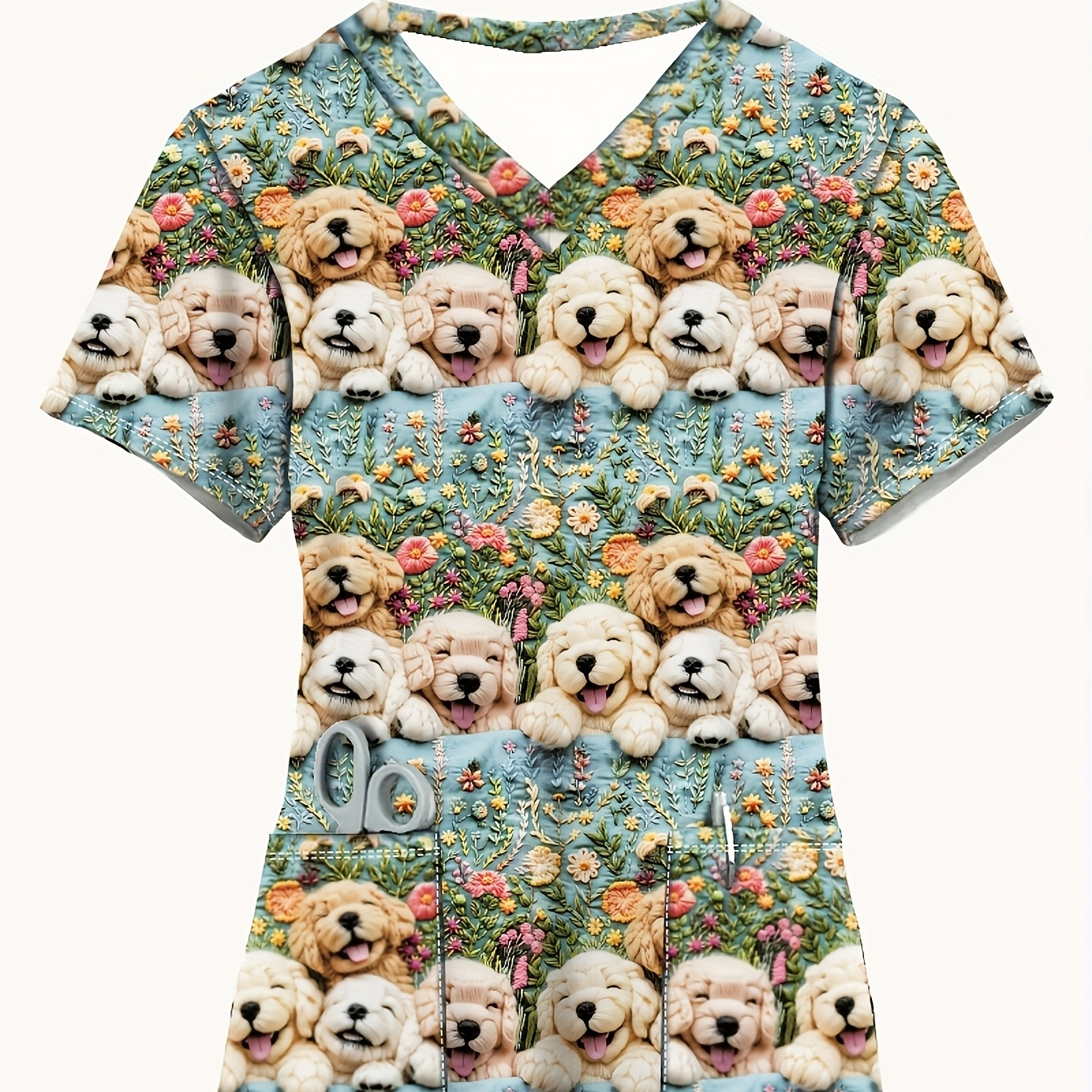 

Women's Fashionable Short-sleeve V-neck Top In White With Puppy & Floral Print, Comfortable Polyester Medical Nurse Uniform With Pockets, Spring/summer, Casual | Print Top|stretchy Fabric