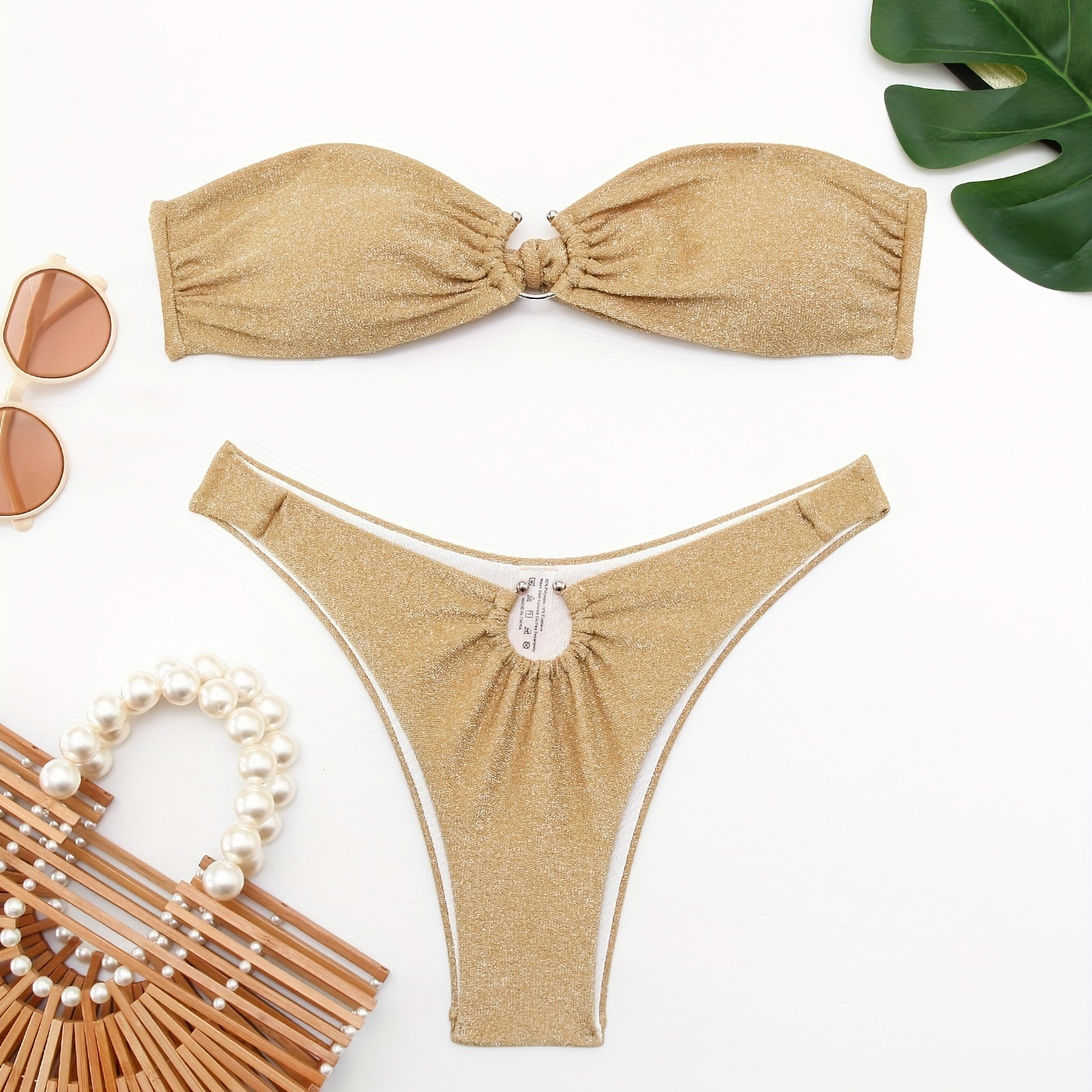 

Women's Bikini Set, 2-piece Swimsuit, Ring-linked Detail, Stretchable Summer Swimwear, Beachwear With Bandeau Top & High Cut Bottom