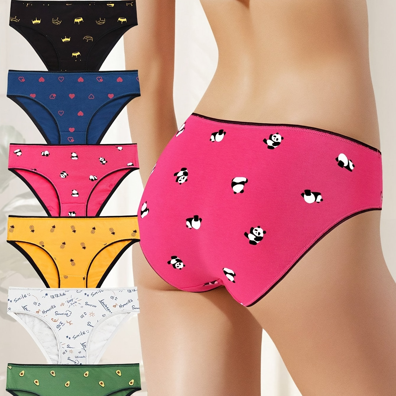 

6pcs Cute Cartoon Print Panties, Breathable & Comfy Intimates Panties, Women's Lingerie & Underwear