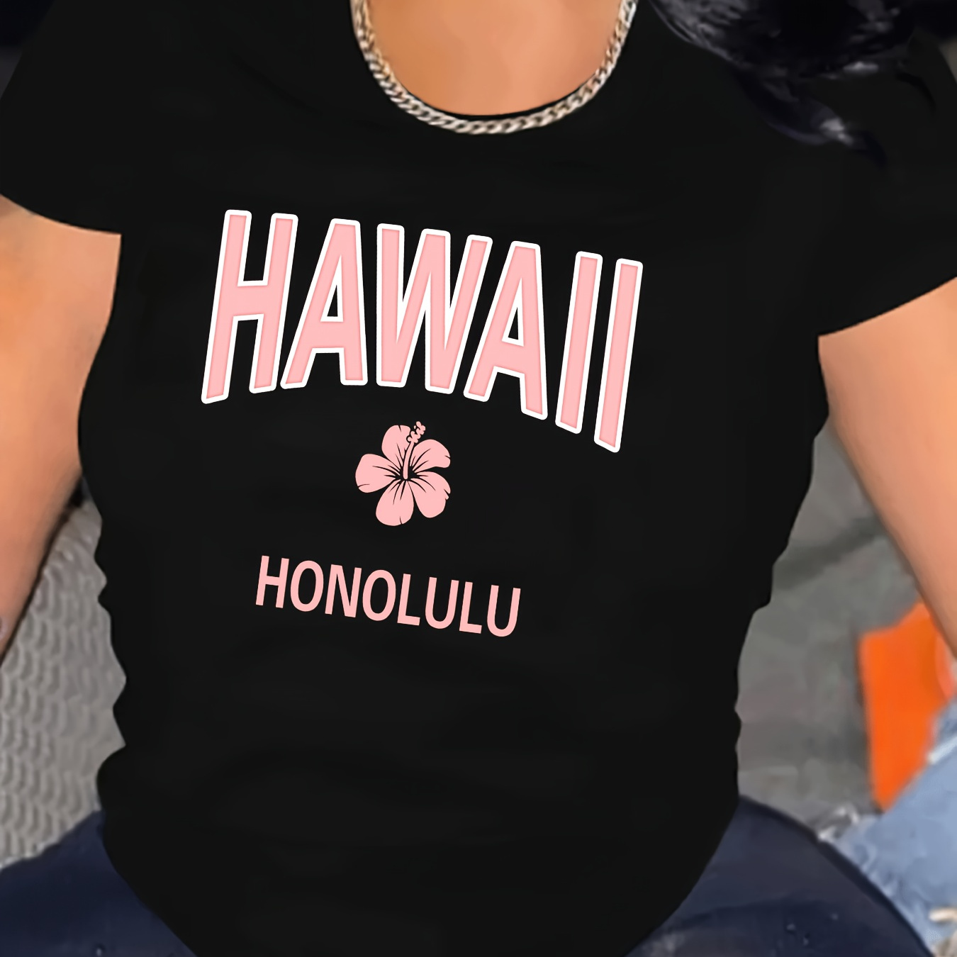 

Hawaii Chic Casual Summer Tee - Loose Fit, Crew Neck, Short Sleeve With Simple Letter Design, Breathable Polyester