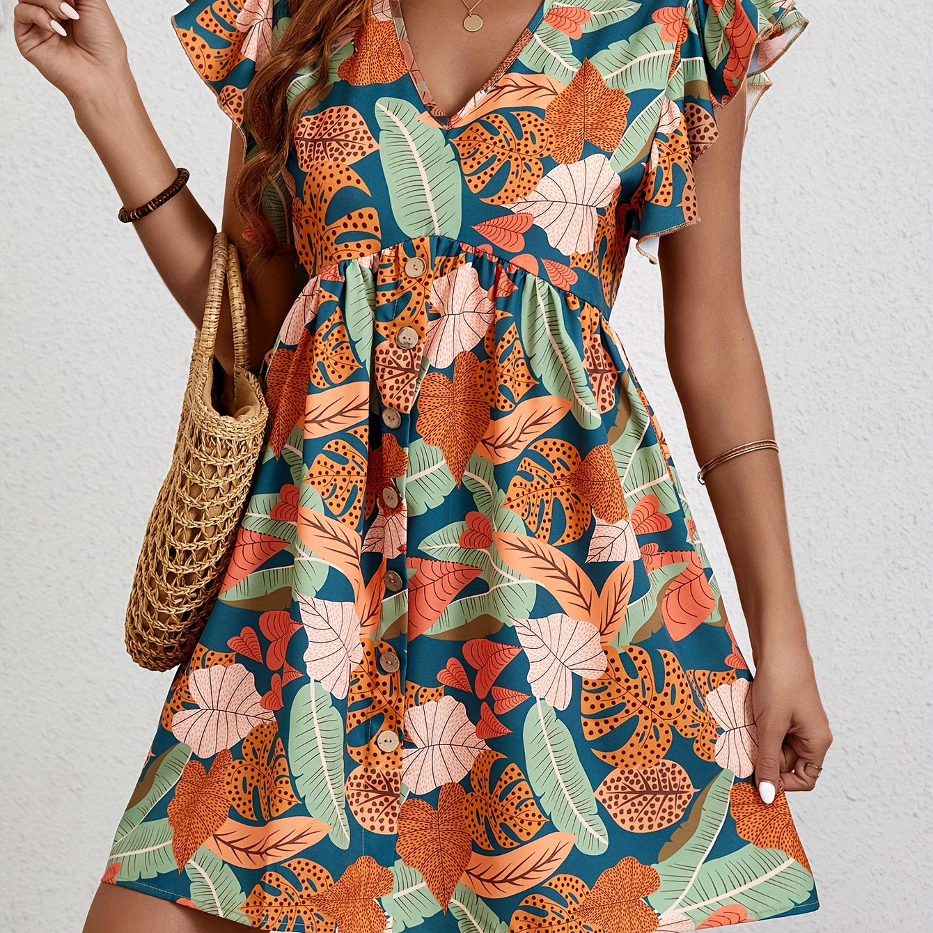 

Plant Print V Neck Dress, Casual Ruffle Sleeve Dress For Spring & Summer, Women's Clothing