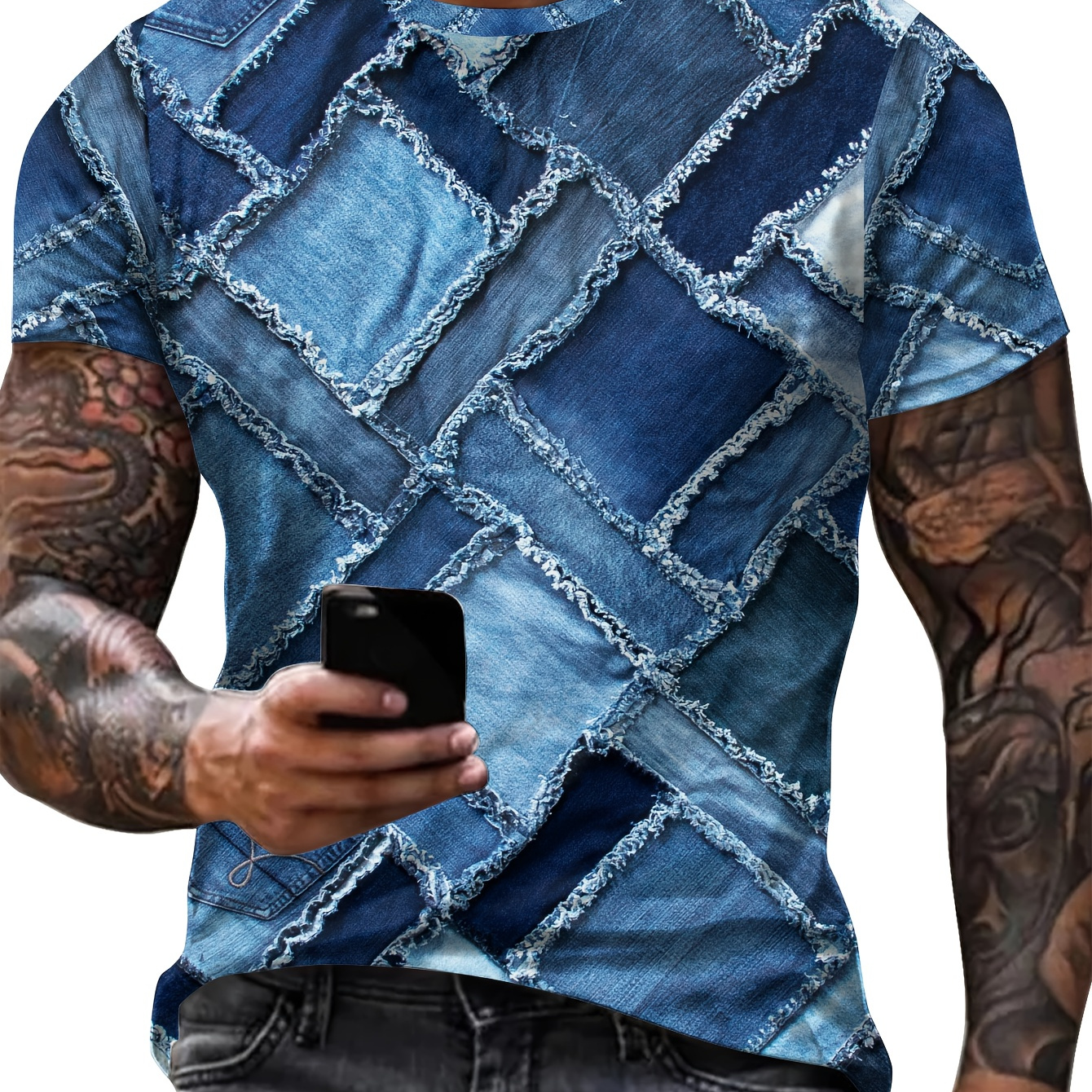 

Pièces de patchwork en denim 3D comme un t-shirt à motif avec un col rond et des manches courtes, hauts nouveaux et à la mode pour les loisirs d'été et les activités de plein air pour hommes