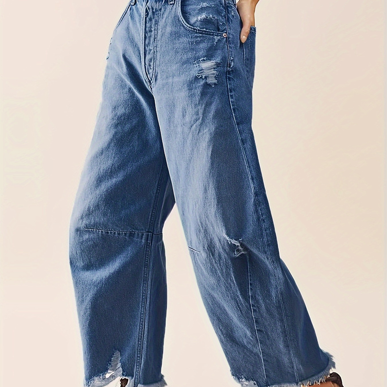 

Women's Wide Leg Jeans Barrel Horseshoe Loose Fit Plain Washed Blue Cropped Raw Hem Denim Pants