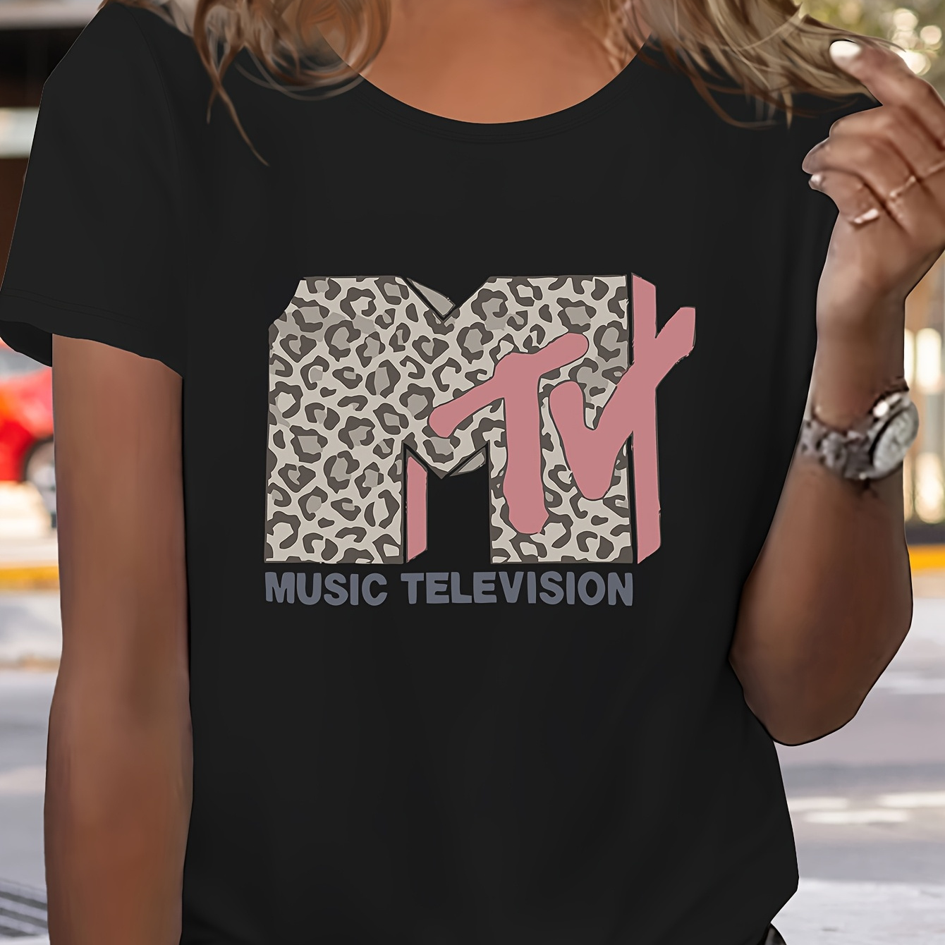 

Stylish Mtv Leopard Print Women's T-shirt - Casual Short Sleeve, Crew Neck, Polyester , Machine Washable, Spring/summer,