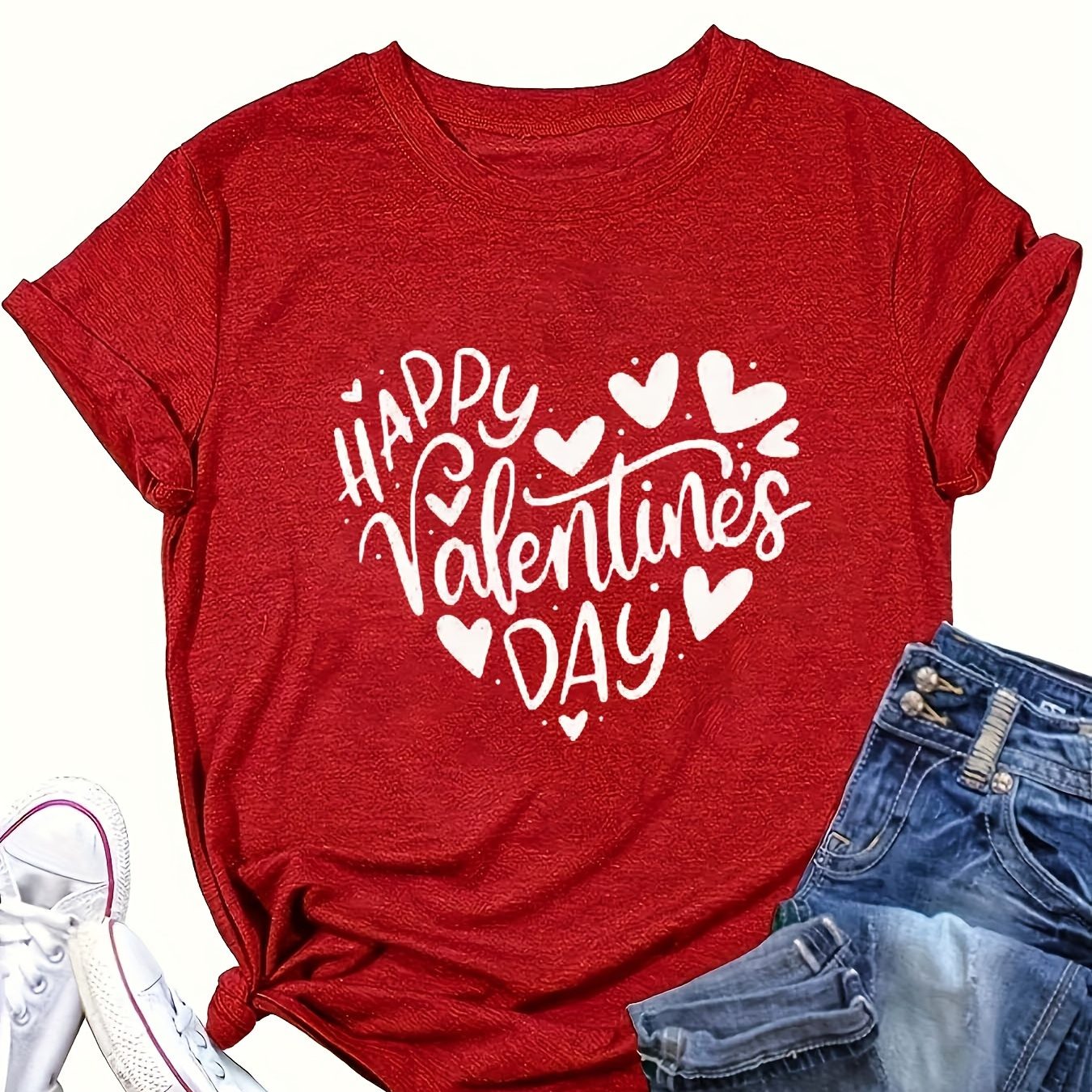 

1pc Women's Casual Crew Neck T-shirt, 60% Polyester 35% Rayon 5% Spandex , Short Sleeve Loose Fit Top With Happy Valentine's Day Alphabet Print, Summer Knit Fabric Tee