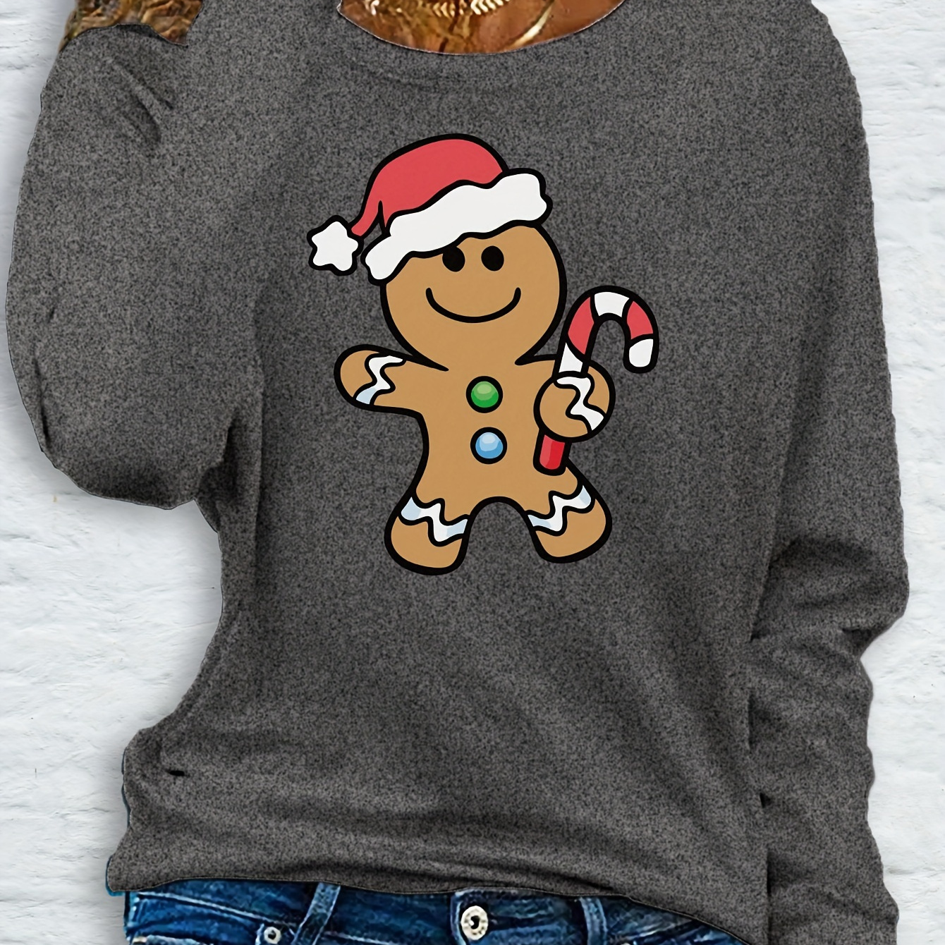 

Women's Casual Long Sleeve Crew Neck T-shirt With Gingerbread Man Cartoon Applique, Knit Fabric, Medium Stretch, Fall Season Pullover Tops