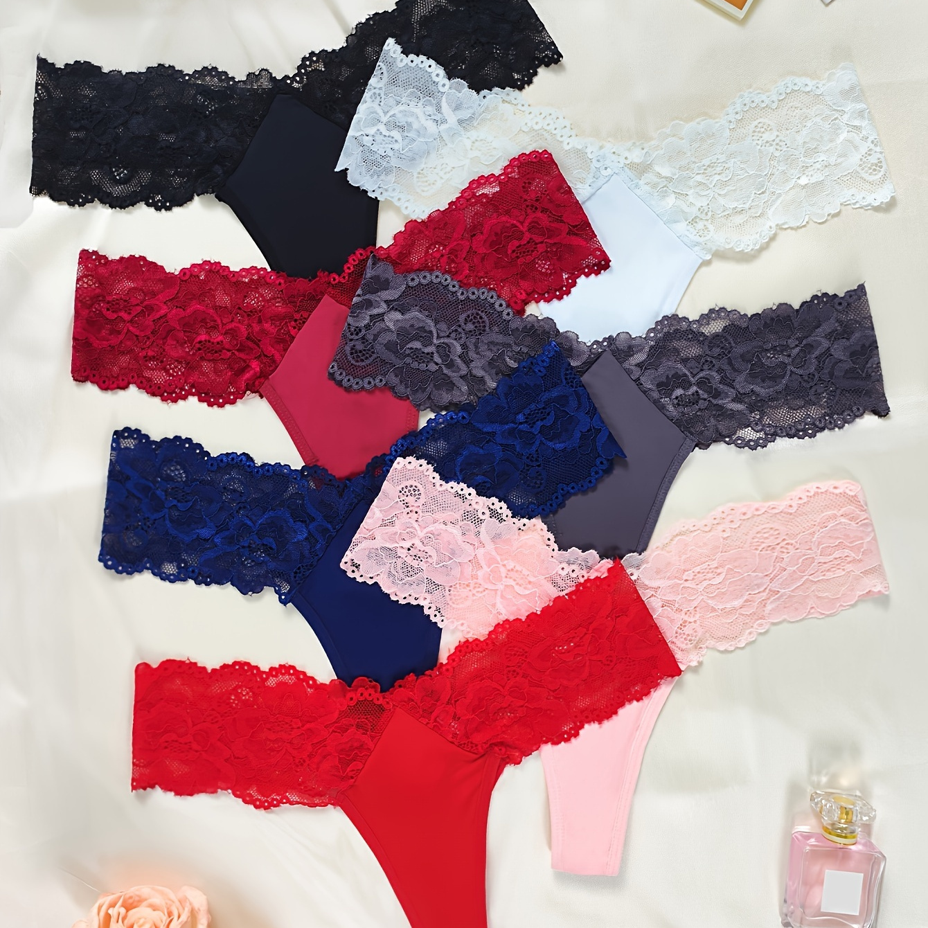 

7pcs Hot Floral Lace Thongs, Comfy & Soft Stretchy Intimate Panties, Women's Lingerie & Underwear