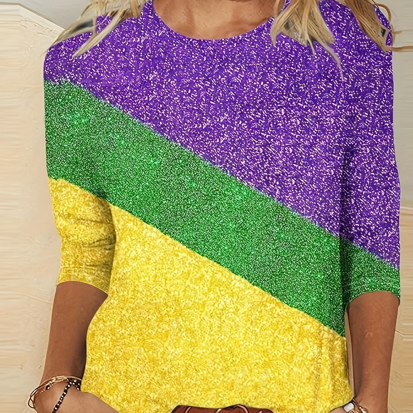 

Mardi Gras Color Block T-shirt, Casual Crew Neck Long Sleeve Top For Spring & Fall, Women's Clothing