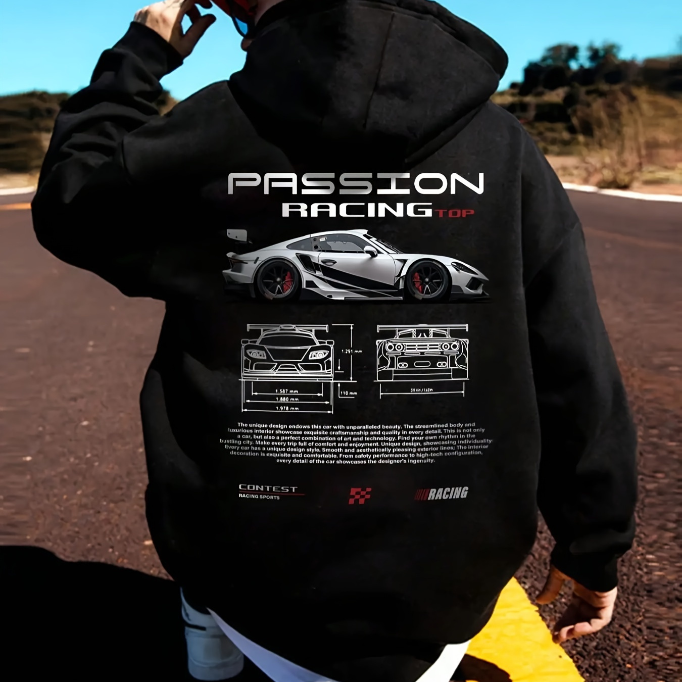 

Men's Casual Hooded Sweatshirt, Loose Fabric Pullover, With Car Print, With Drawstring And Pocket Detail, For & Outdoor Wear