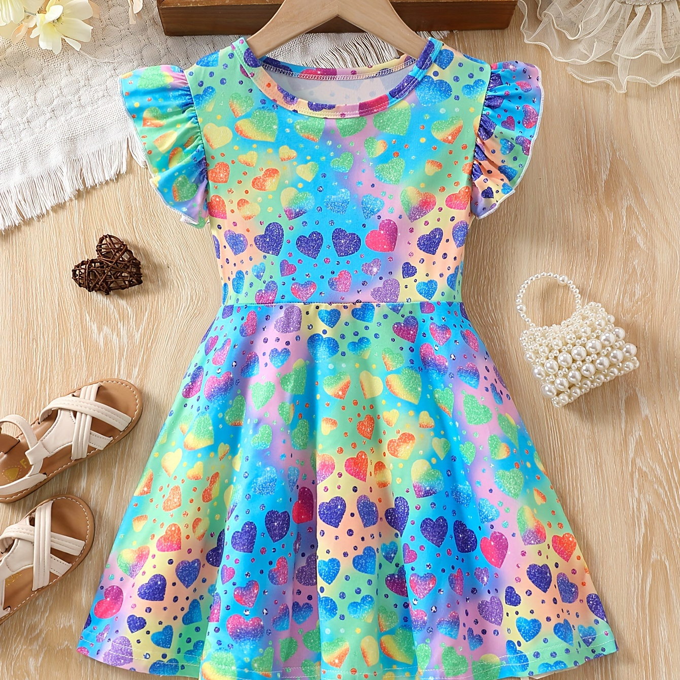 

Girls Sweet Allover Hearts Print Tie Dyed Dress Ruffle Edge Sleeveless Vacation Casual Dress For 1-9 Y