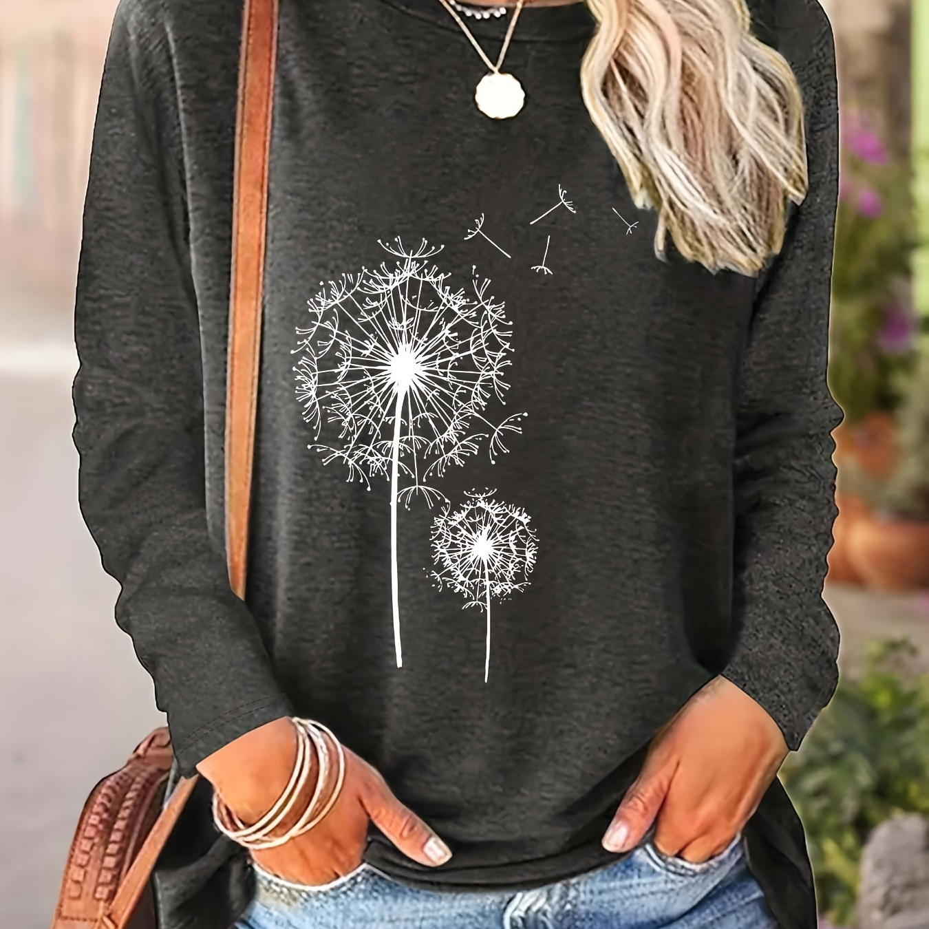 

Dandelion Print Crew Neck T-shirt, Casual Long Sleeve Top For Spring & Fall, Women's Clothing