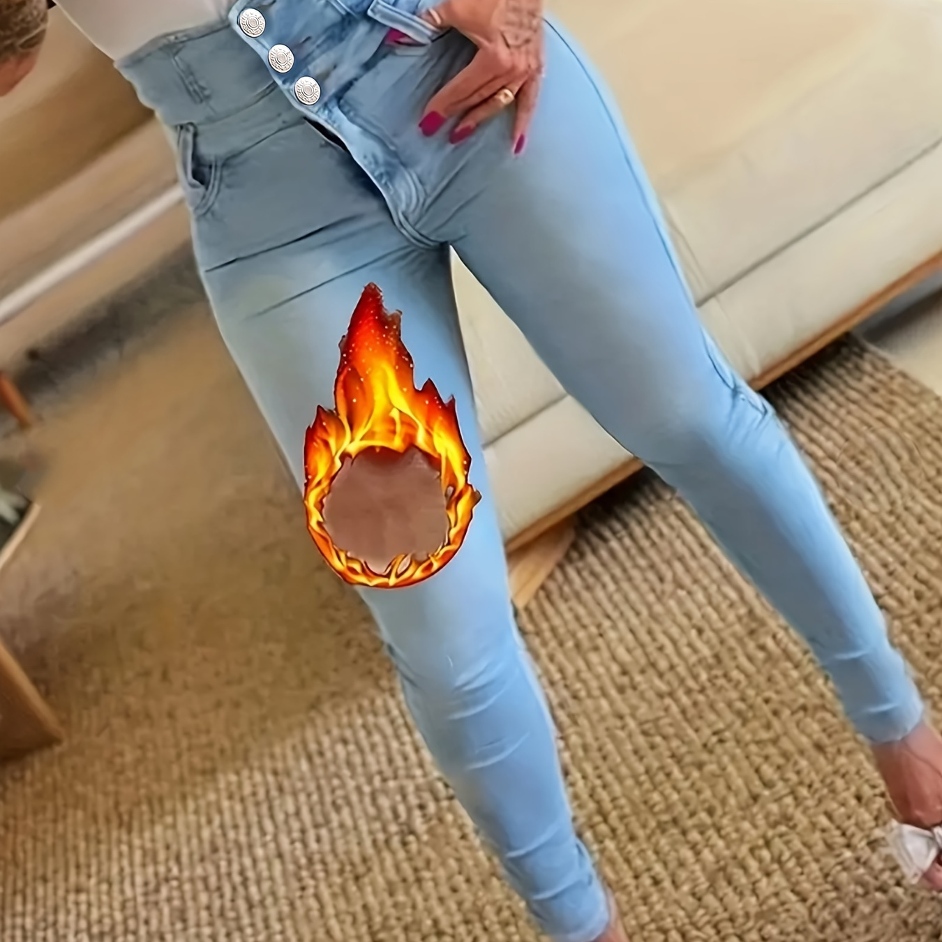 

Single-breasted High Rise Skinny Fit Thickened Plush Lined Washed Blue Casual Style Zipper Button Closure Denim Pants For Winter, Women's Denim Jeans & Clothing