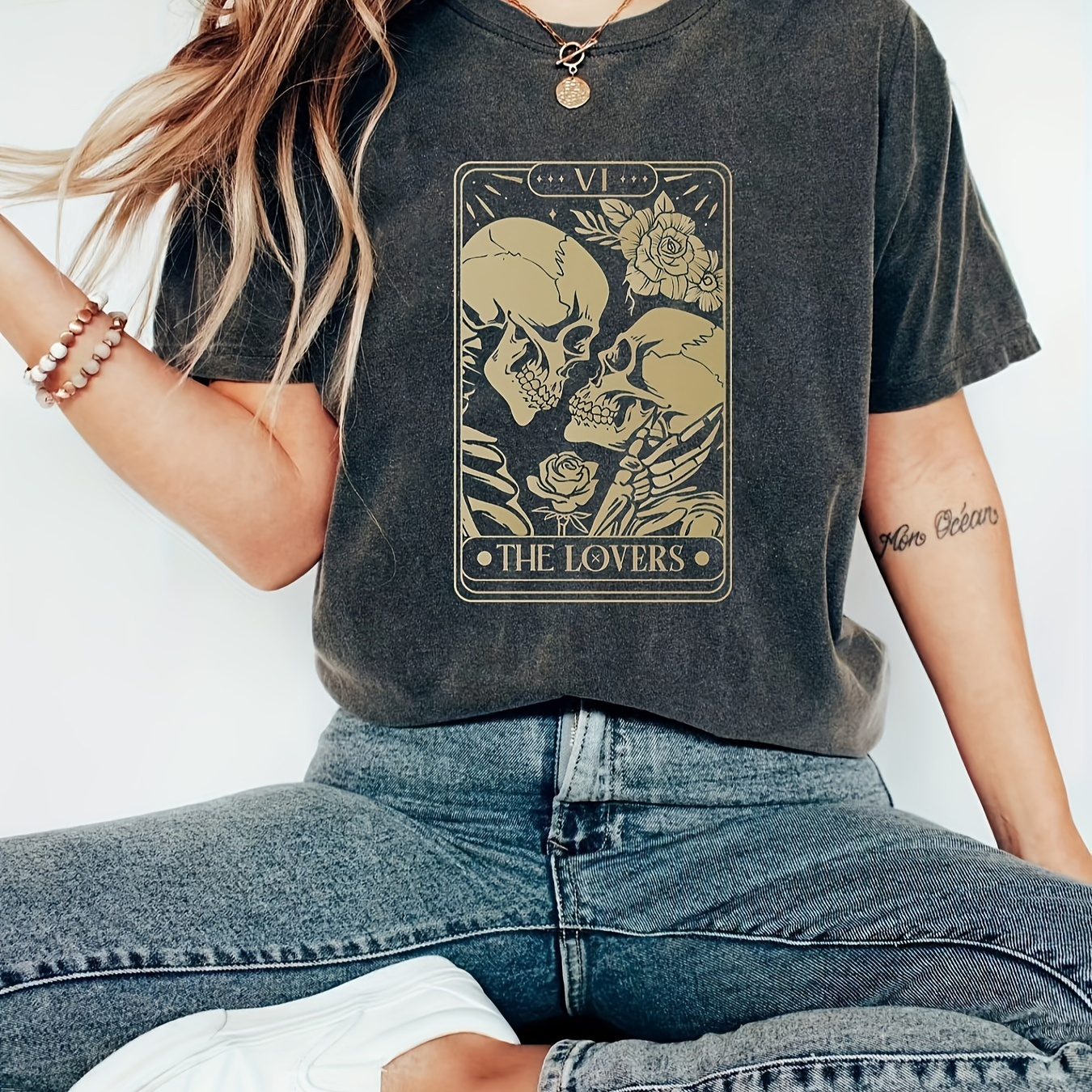 

Skeleton Print Crew Neck T-shirt, Casual Short Sleeve Top For Spring & Summer, Women's Clothing