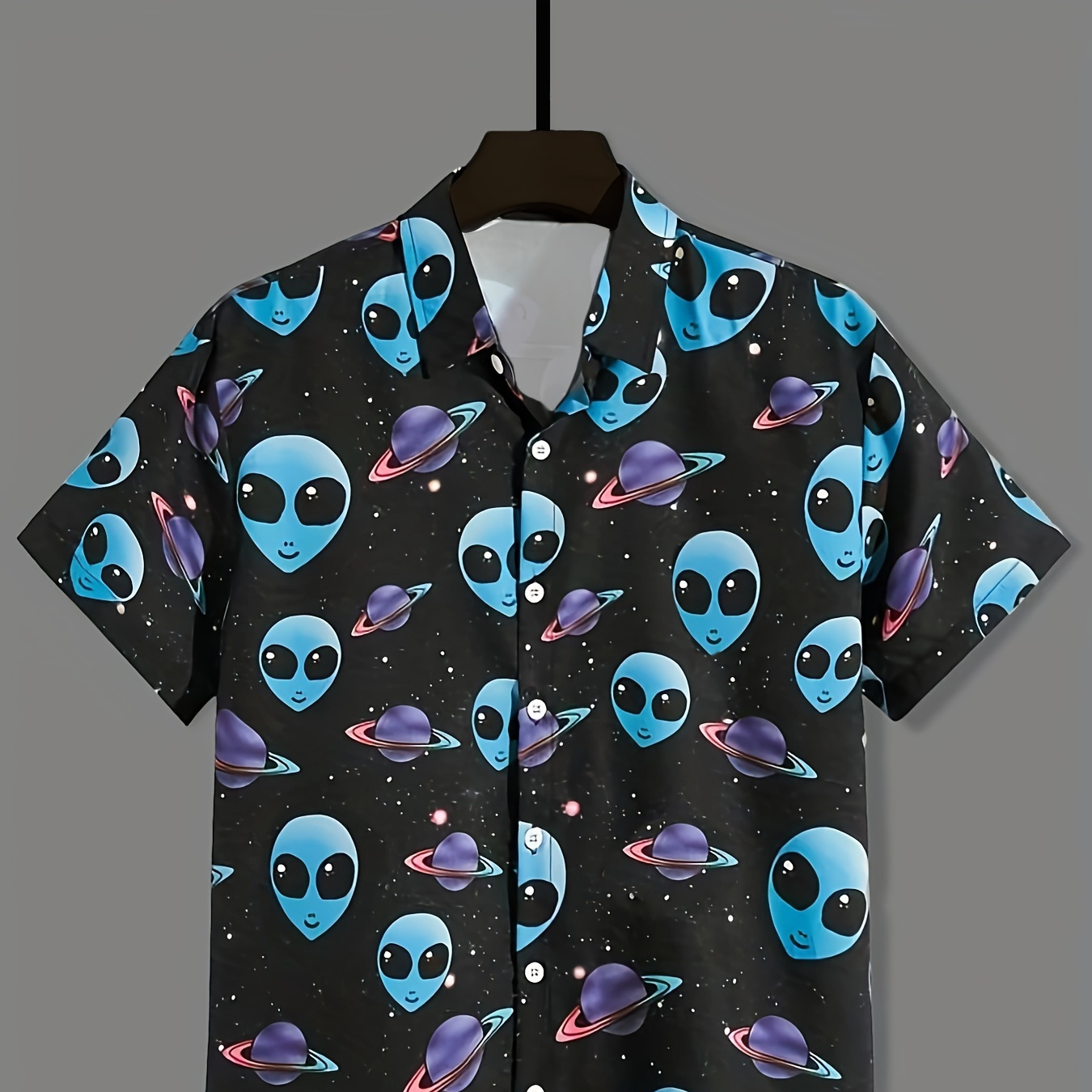 

Alien And Planet Pattern, Men's Turndown Collar Trendy Comfy Short Sleeve Shirt For Autumn, Mens Clothing