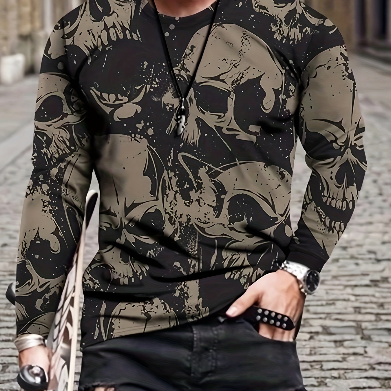 Plus Size Men's Halloween 3D Skulls Graphic Print T-shirt Fashion Casual Long Sleeve Tees For Spring Fall, Men's Clothing