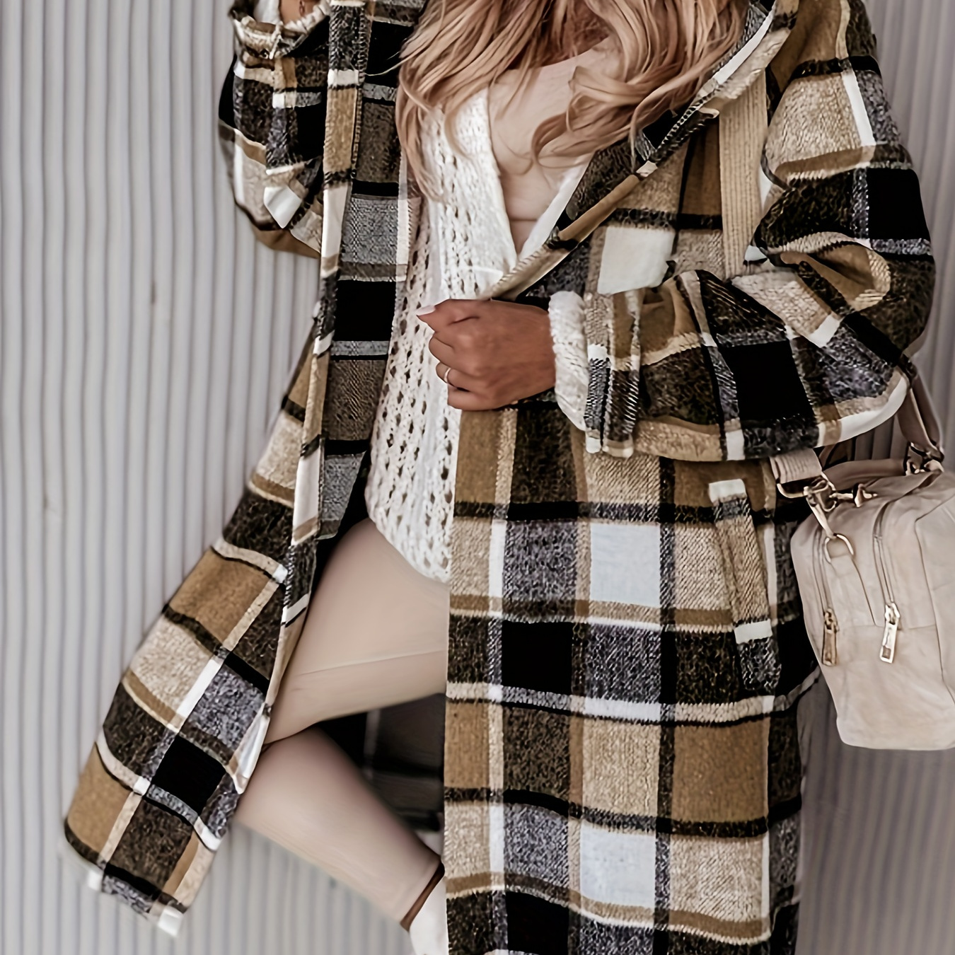 

Plus Size Plaid Print Pocket Coat, Casual Hooded Long Sleeve Outwear For Spring & Fall, Women's Plus Size Clothing