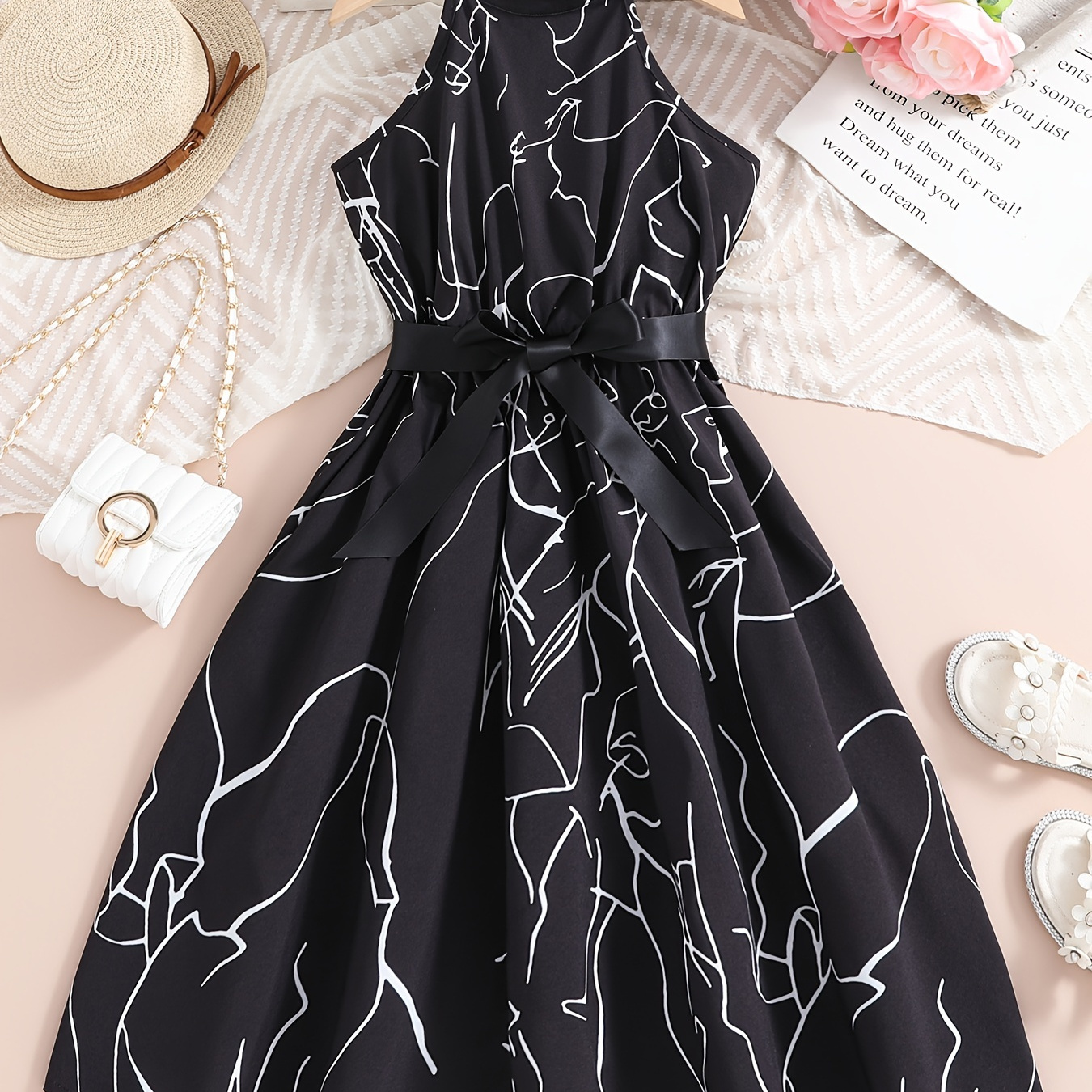 

Girls Chic Lines Print Sleeveless Dress, Breathable Casual Halter Dresses For Summer Going Out