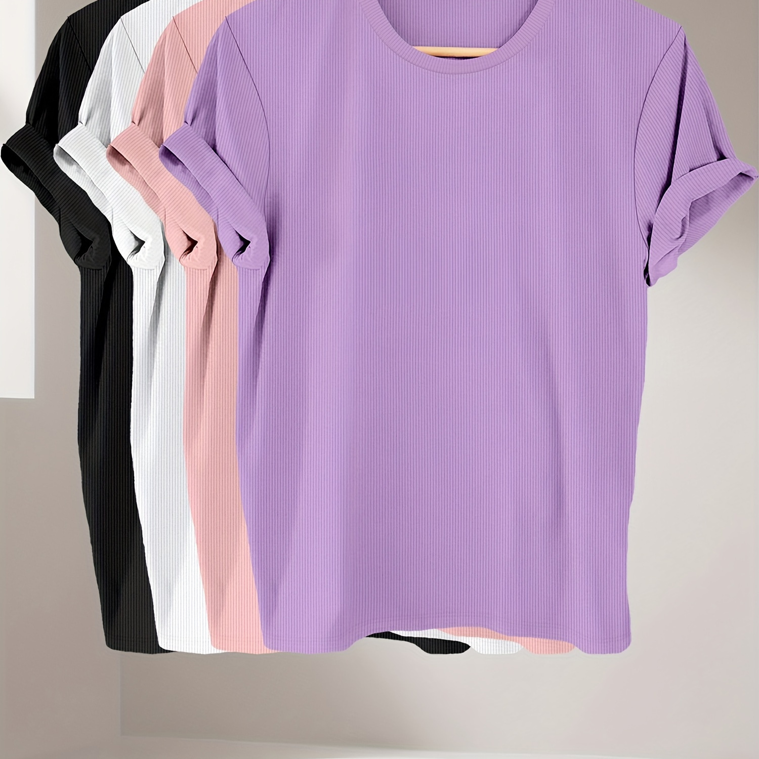

Solid Color Textured T-shirt 4 Pack, Casual Crew Neck Short Sleeve Top For Spring & Summer, Women's Clothing