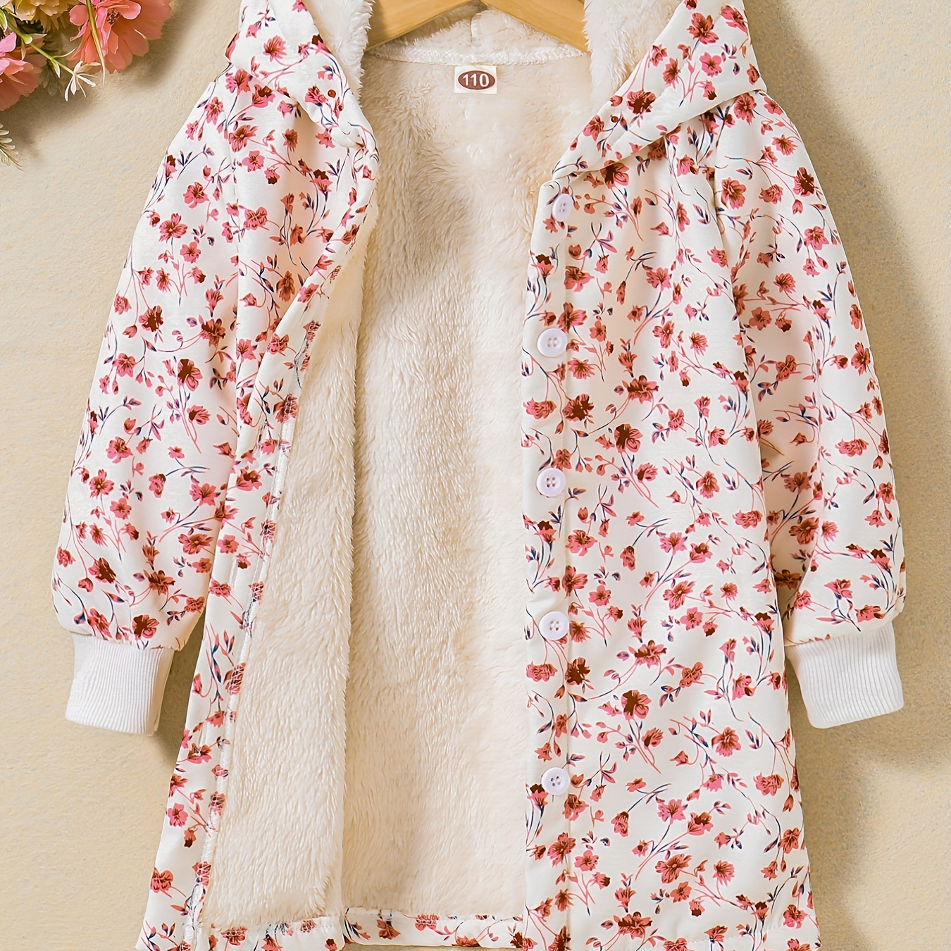 

Girls Winter Coat Plush Fleece Lined Button-up Hooded Jacket Overcoat With Flowers Print For Going Out