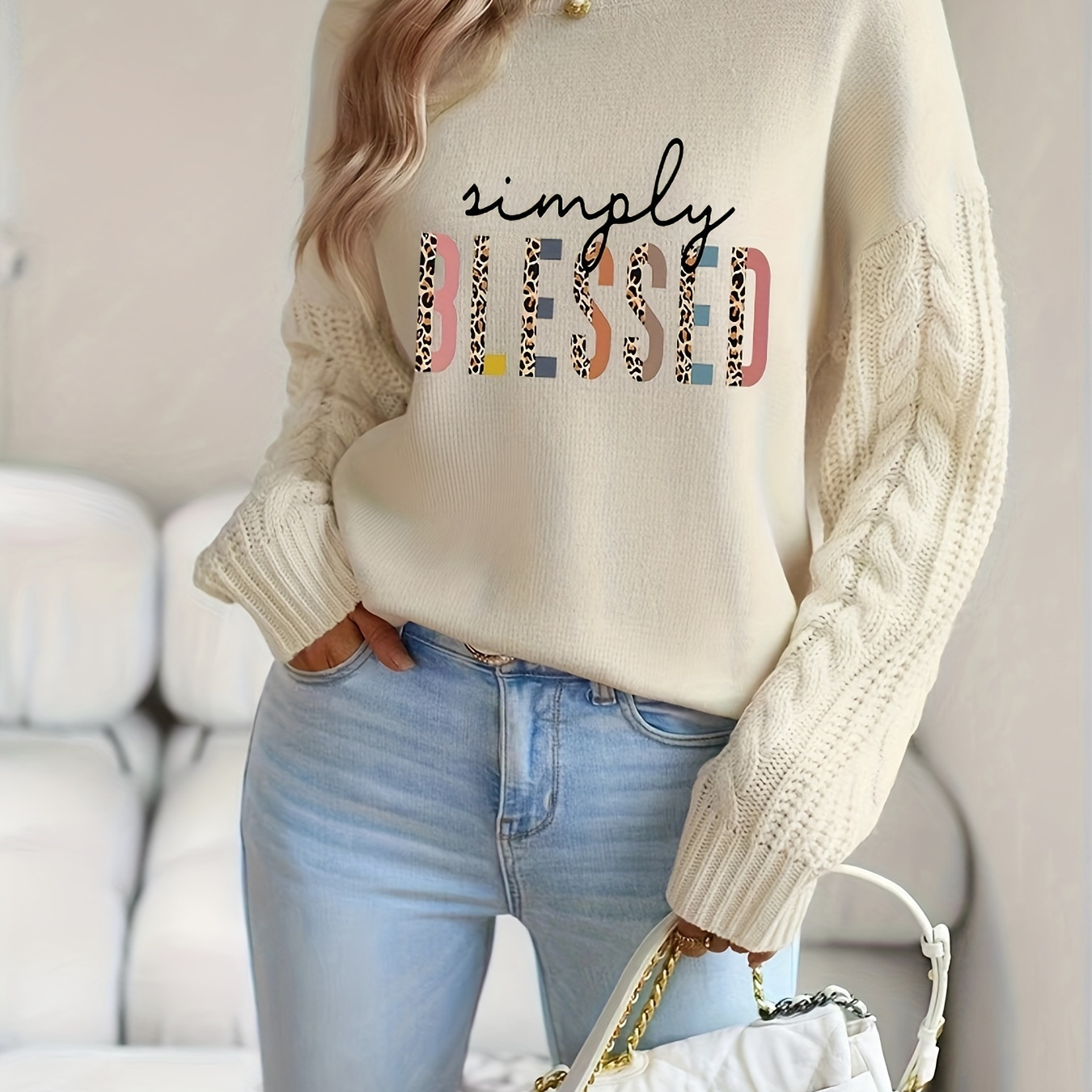 

Chic Vintage-inspired Cable Knit Sweater For Women - Cozy Long Sleeve Pullover With Letter Print, Fall/winter, Plain, Twisted Knot, Women's Sweater, Vintage, Long Sleeve