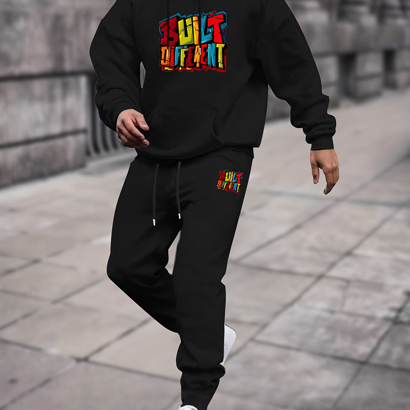 

Colorful Graffiti Built Different Print, Men's 2pcs Outfits, Casual Long Sleeve Hooded Pullover Sweatshirt And Sweatpants Set For Spring Fall, Men's Clothing