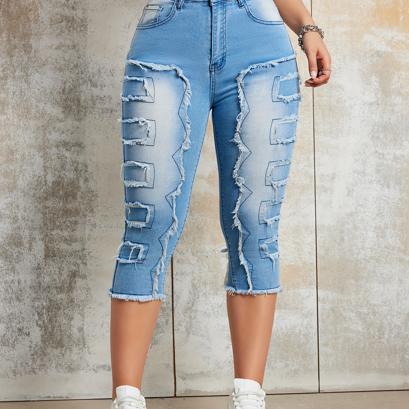 

Raw Seam Stitching Detail Capri Jeans, Slash Pocket High Stretch Capri Denim Pants, Women's Denim Jeans & Clothing