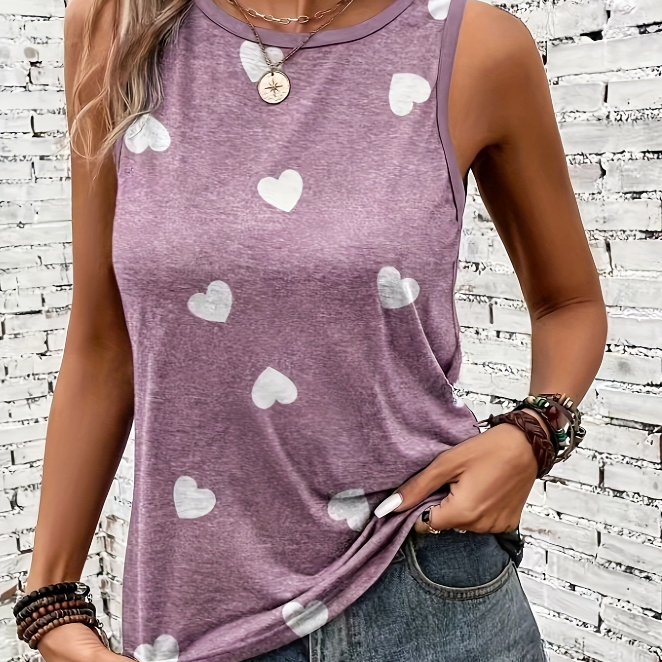

Heart Print Crew Neck Tank Top, Casual Sleeveless Tank Top For Spring & Summer, Women's Clothing