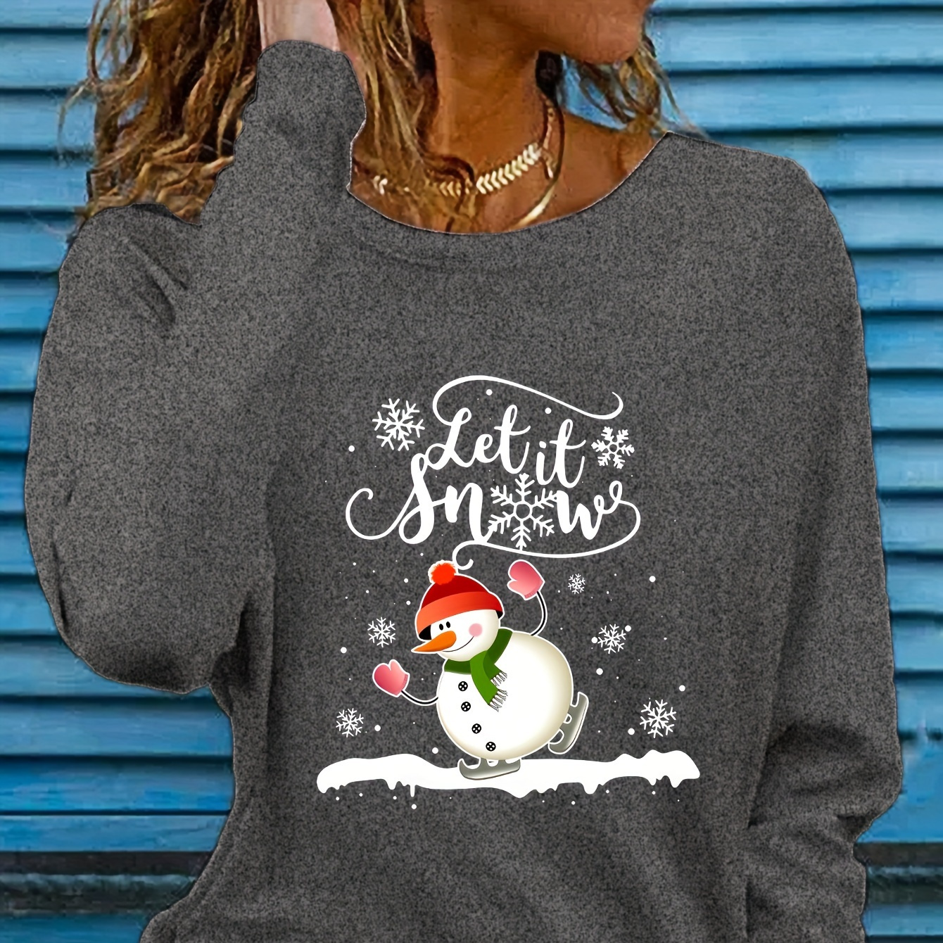 

Snowman Print T-shirt, Long Sleeve Crew Neck Casual Top For Spring & Fall, Women's Clothing