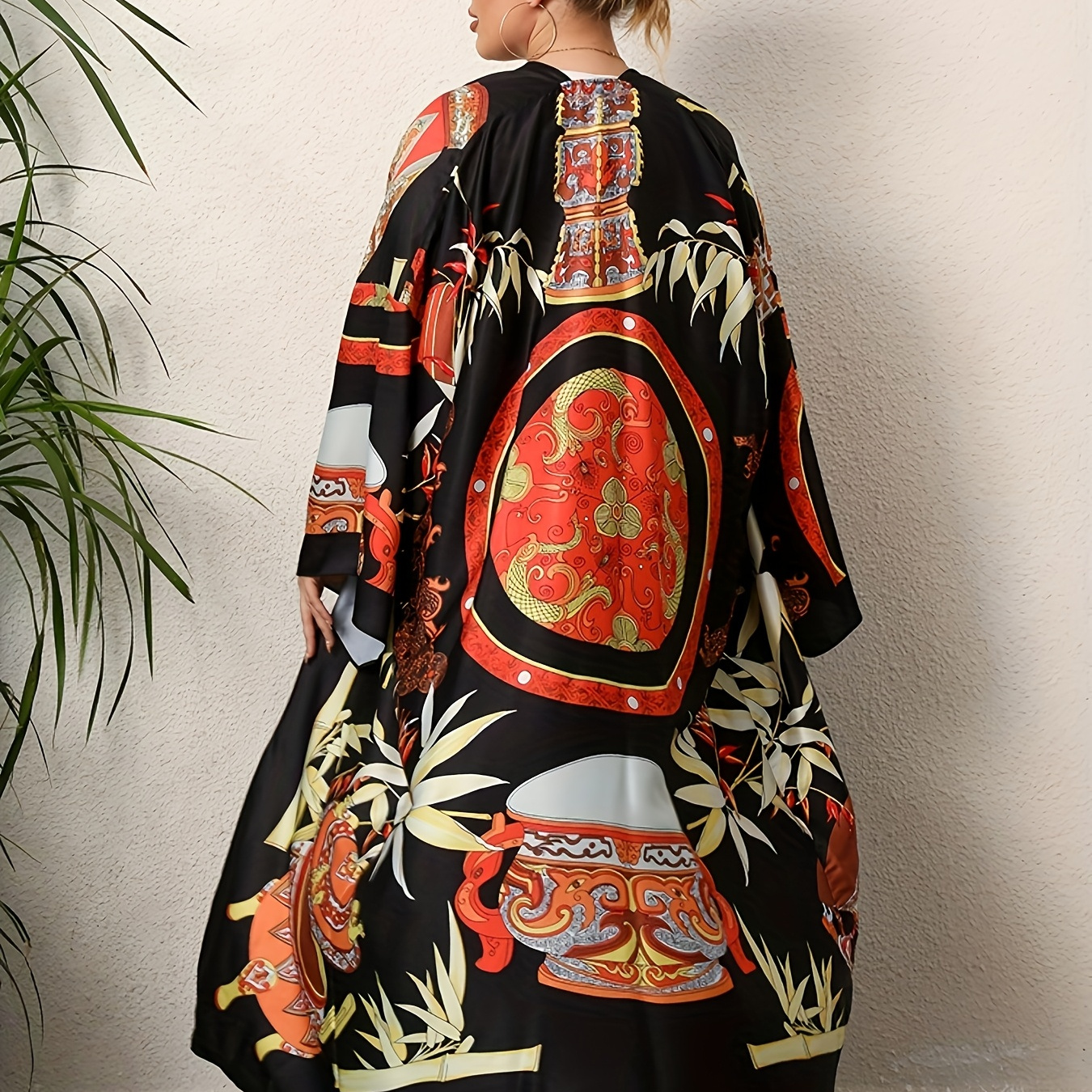 

Elegant Vintage-style Long Sleeve Kimono Dress - Vibrant Floral & Paisley Print, Lightweight Polyester, Spring/summer/fall, Machine Washable, Non-sheer, Design, Women' Beach Cover-up, Beach Dresses