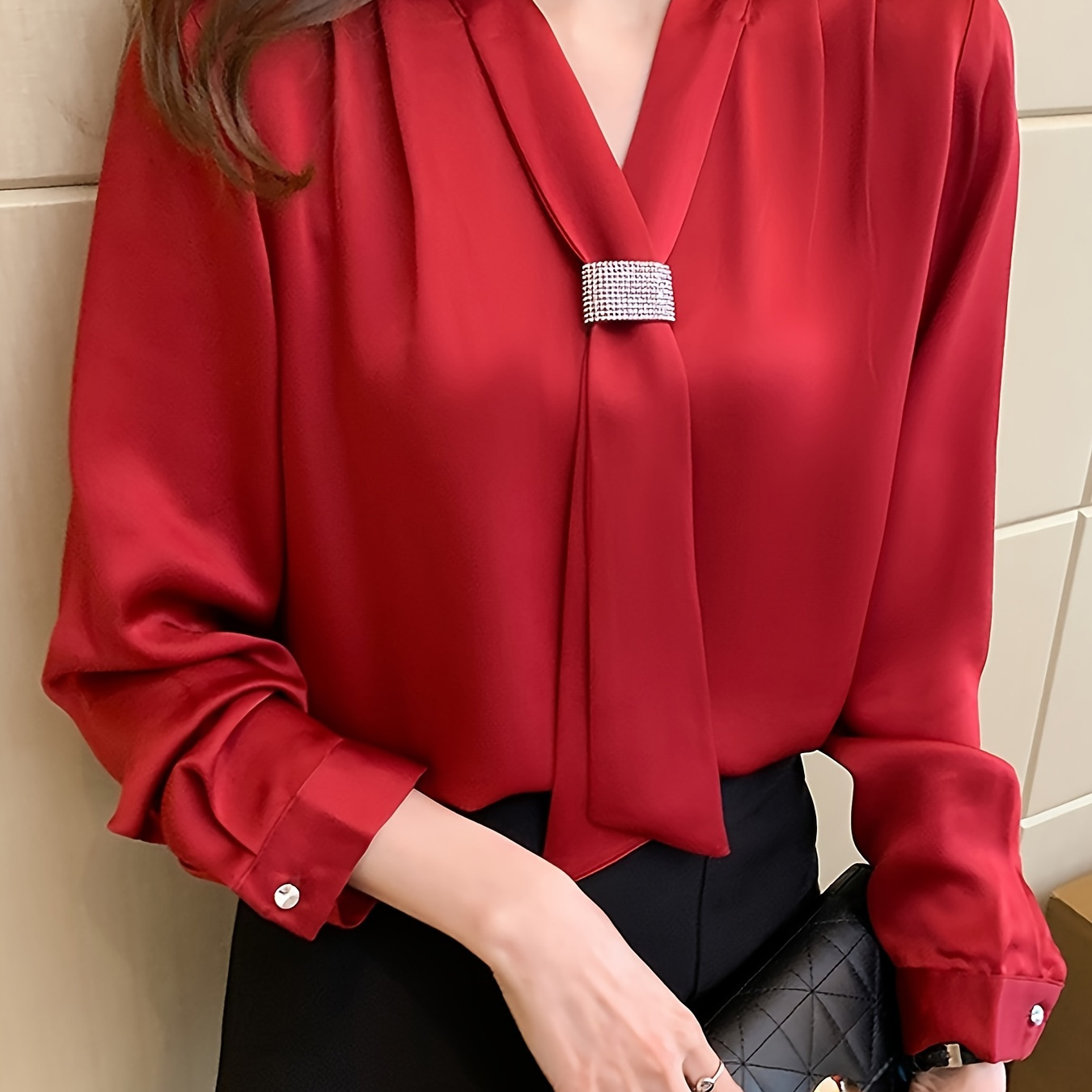 

Tie Neck V-neck Blouse, Elegant Long Sleeve Commuter Top For Spring & Fall, Women's Clothing