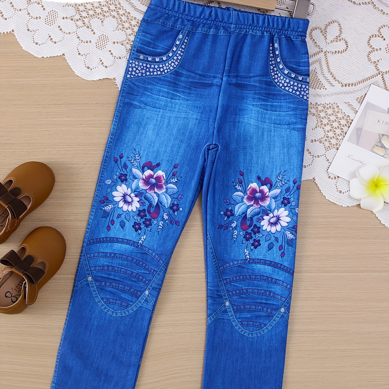 

Vintage Style Flower Graphic Imitation Denim Print Leggings Pants For Girls Outdoor Gift Spring Fall