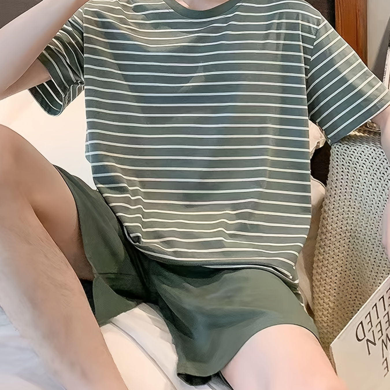 

Men's Trendy Casual Comfy Tees & Shorts, Striped Graphic Print Crew Neck Short Sleeve T-shirt & Loose Shorts Home Pajamas Sets, Casual Sets For Summer