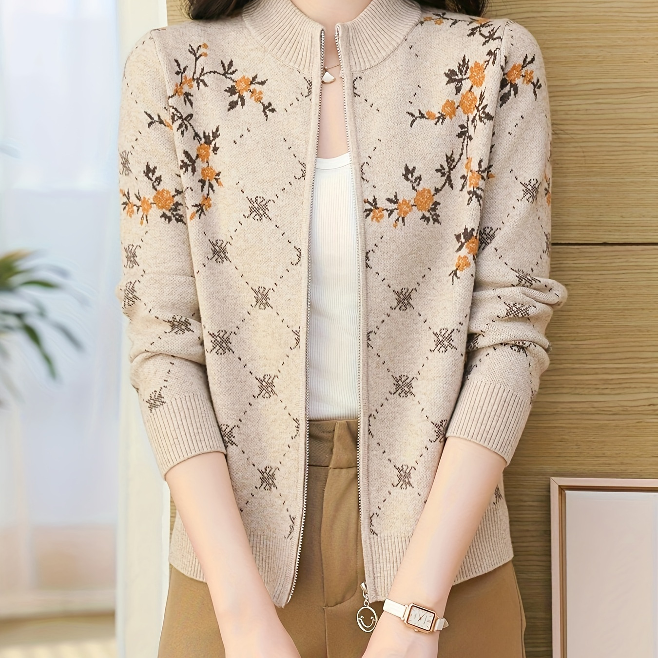 

Cardigan Tricoté Chic à Fleurs avec Fermeture Éclair - Manteau Pull Décontracté à Manches Longues et Col pour Femme pour Automne/Hiver