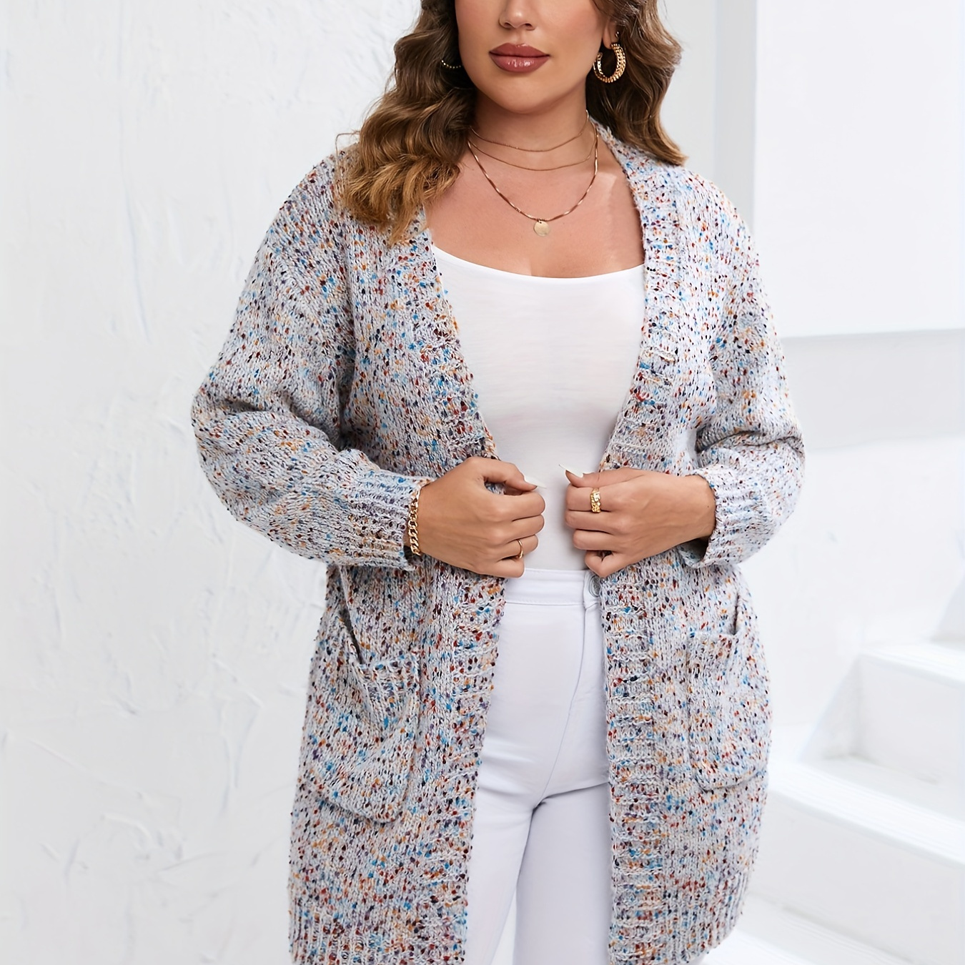 Plus Size Ditsy Print Long Sleeve Oversized Pocket Cardigan, Women's Plus Casual Slight Stretch Sweater Cardigan