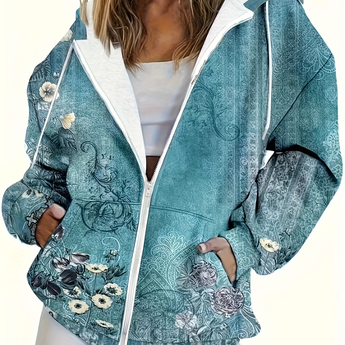 

Floral Print Hoodie With Pocket, Casual Zip Up Long Sleeve Drawstring Hooded Jacket, Women's Clothing