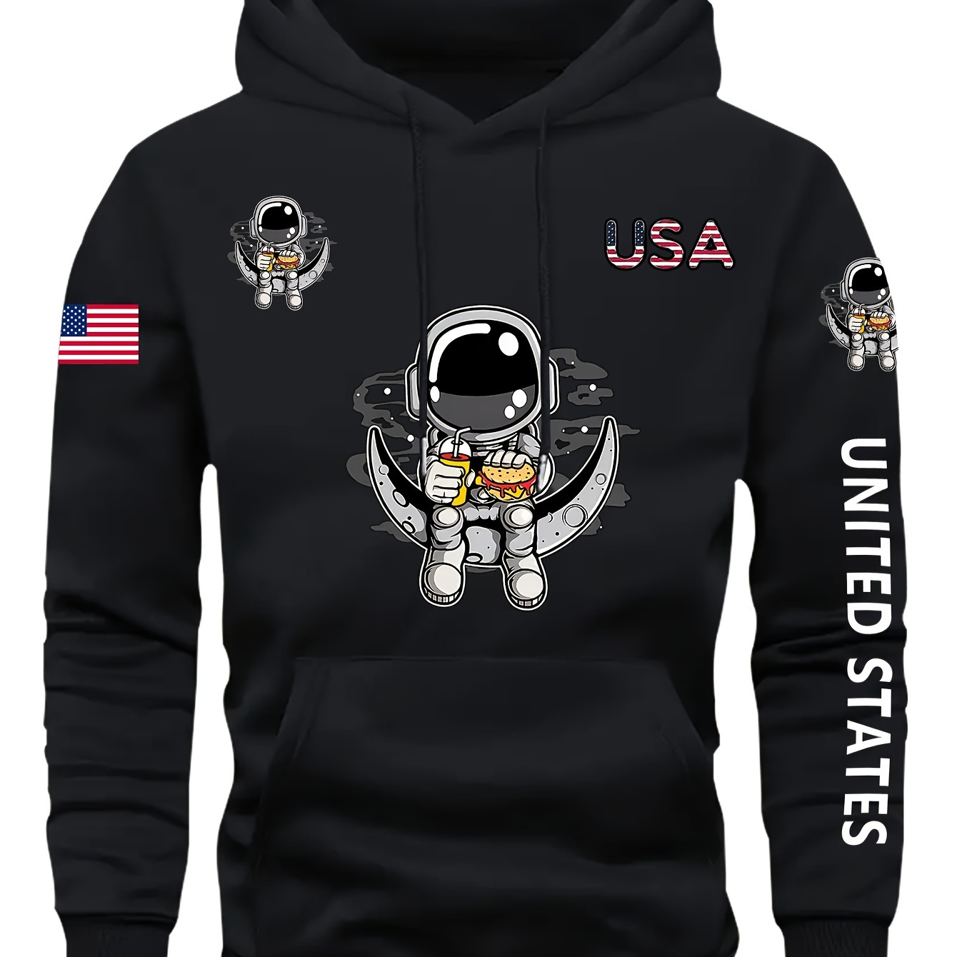 

Cartoon Astronaut Sit And Eat Hamburger , Men' Casual Hoodie With Drawstring, Comfy Long Sleeve Pullover Hoodie, Ideal For Daily And Outdoor Wear