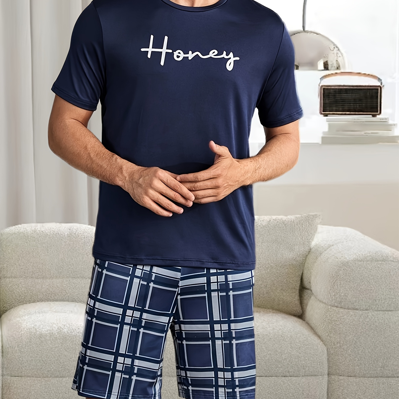 

1 de pyjama en , t- à courtes imprimé "", à carreaux, col rond, tissu tricoté, vêtements de à toutes les .