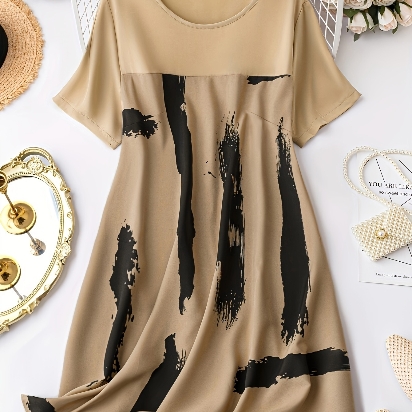

Plus Size Brush Print Dress, Elegant Crew Neck Short Sleeve Dress, Women's Plus Size Clothing