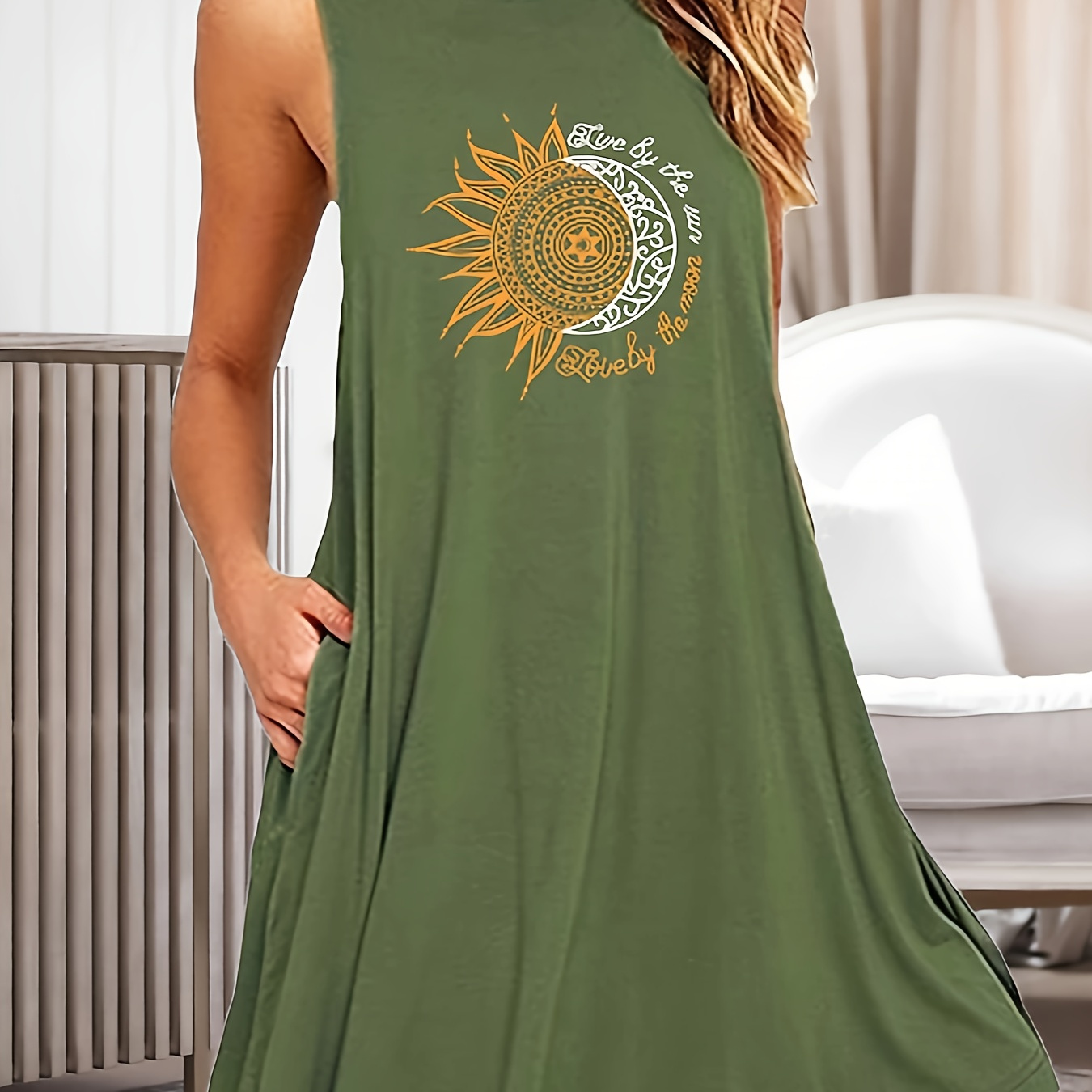 

Sun & Moon & Slogan Print Nightgown, Casual Round Neck Loose Fit Pocketed Tank Dress, Women's Sleepwear