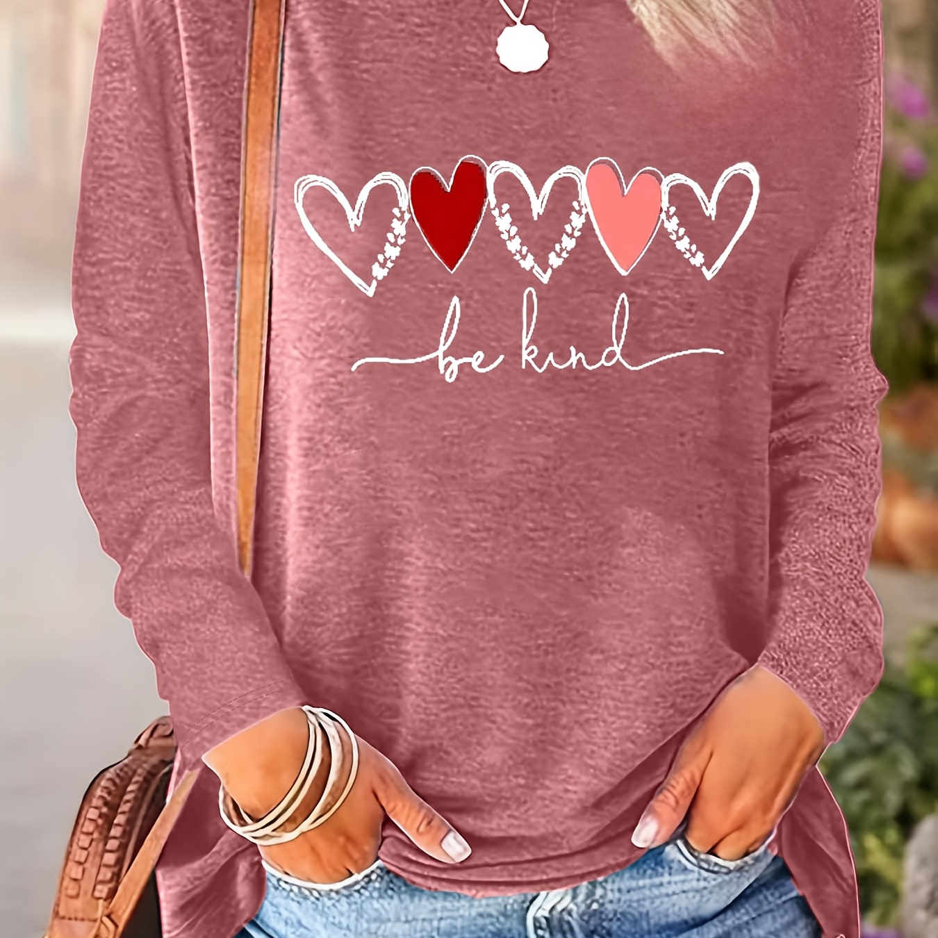 

1pc Women's Casual Crew Neck Long Sleeve T-shirt With Geometric Heart Pattern, Polyester 60% Rayon 35% Spandex 5% Knit Fabric, Spring/fall Loose Fit Top