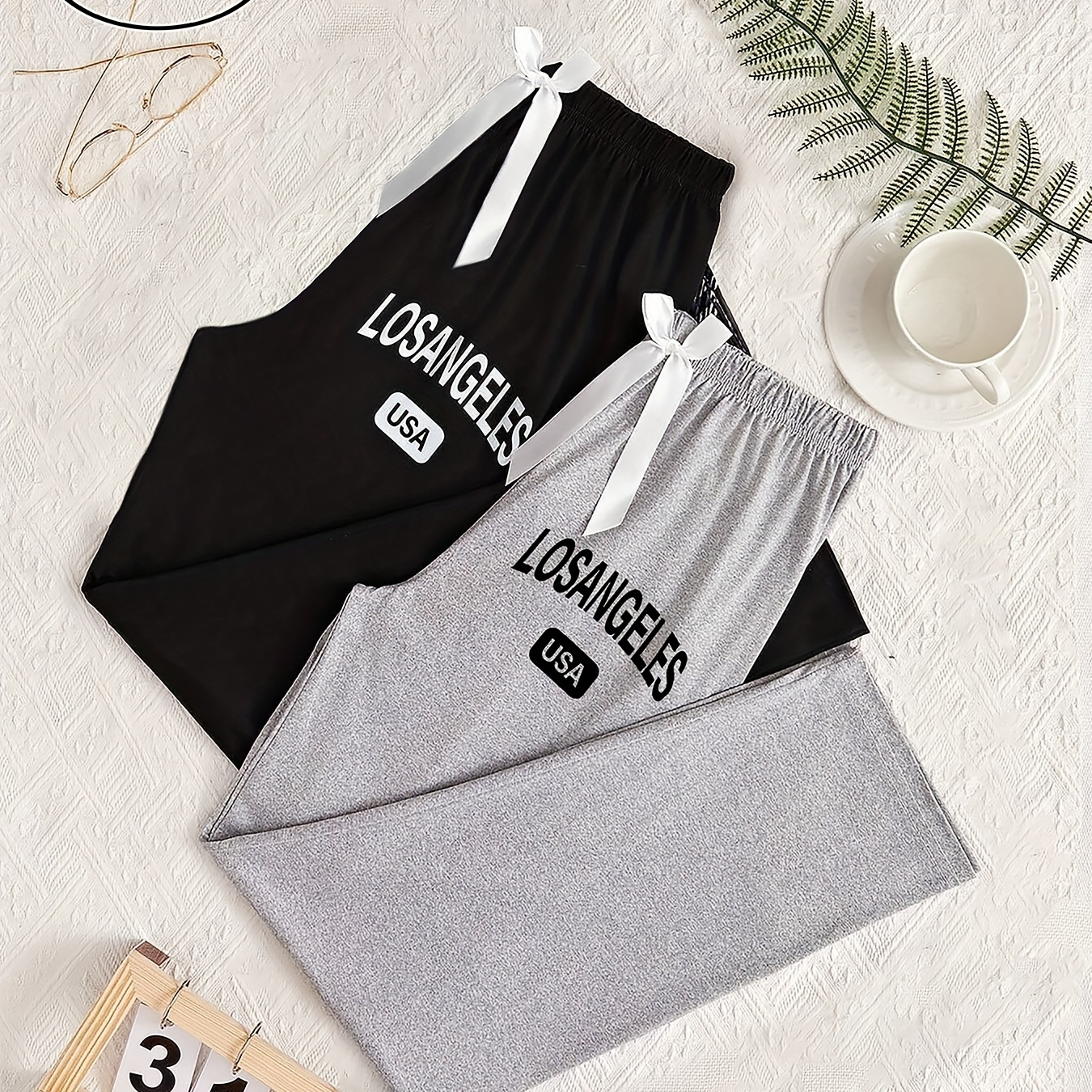 

Women'-piece Casual Slogan Print Pajama Set, Comfortable Fabric And Loose Fit To You Through , Slogan Print Pattern Decoration, Waist Trousers, Comfortable Loose Pajama Set