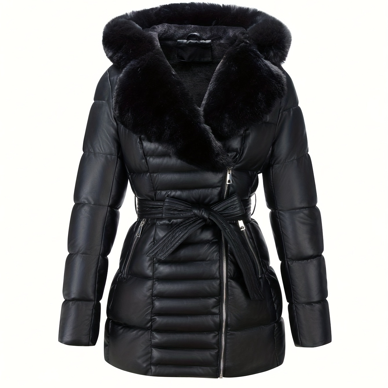 

Elegant Women's Leather Hooded Coat With Fur Trim - Chic Quilted Jacket With Drawstring Waist And Long Sleeves, Fall & Winter