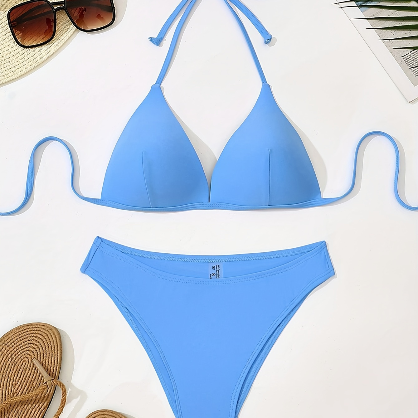 

Women's Two-piece Swimwear Set, Solid Color Light Blue Bikini, Adjustable Triangle Top With Halter Neck Tie, Low-rise Bottoms