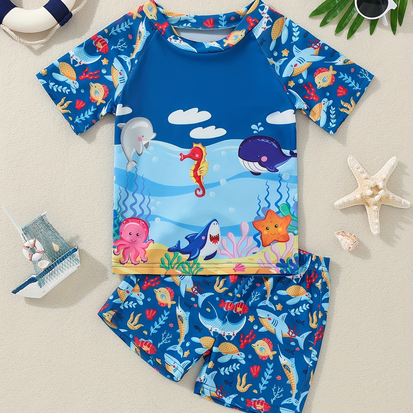 

2pcs Cartoon Underwater Creature Pattern Swimsuit For Boys, T-shirt & Swim Trunks Set, Stretchy Surfing Suit, Boys Swimwear For Summer Beach Vacation