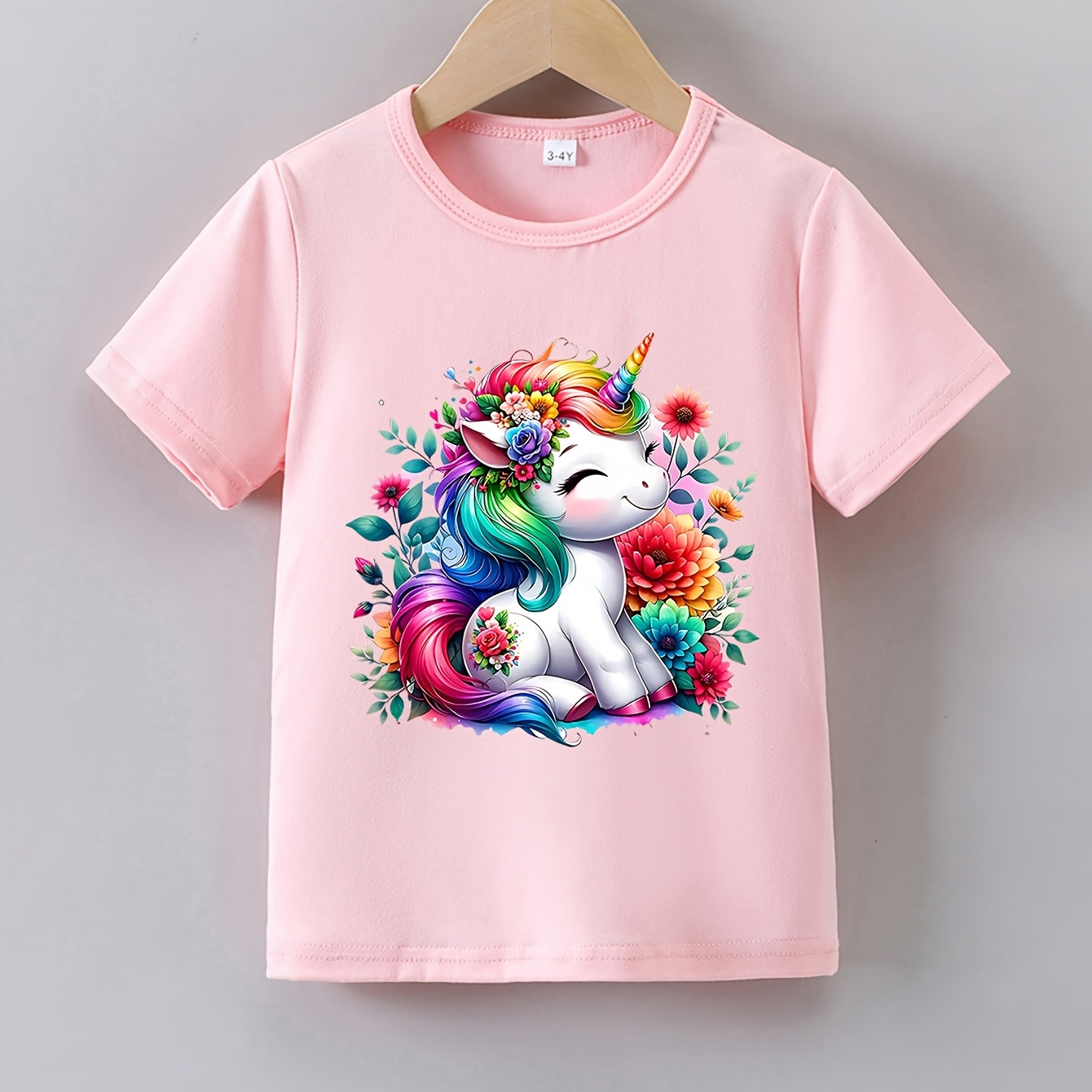 

Girls' Summer Short Sleeve "rose Unicorn" Print T-shirt, Casual Crew Neck Knit Top, Polyester 95% Spandex 5%, Stretch, Regular Fit, Cartoon Pattern For Valentine's Day