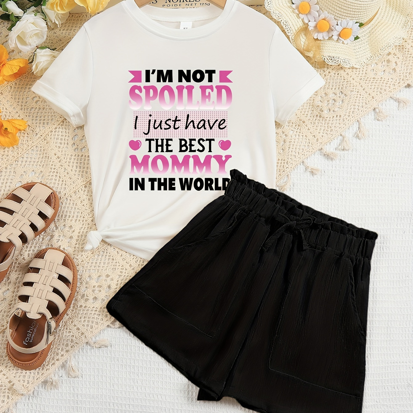 

2 Pcs I'm Not Spoiled I Just Have The Best Mommy In The World Creative Cartoon Letter Print Girls Fashion Casual Breathable Short-sleeved Set For Summer, T-shirt & Shorts, Suitable For Sports