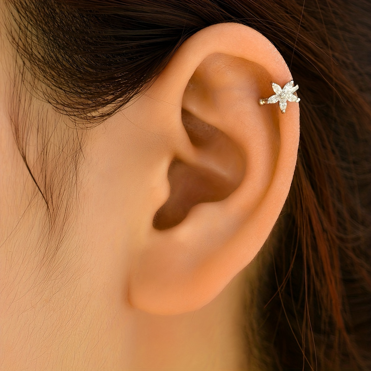 

Flower Design With Sparkling Zircon Inlaid Elegant Cute Ear Cuff Minimalist Style Copper 14k Plated Jewelry Female Gift
