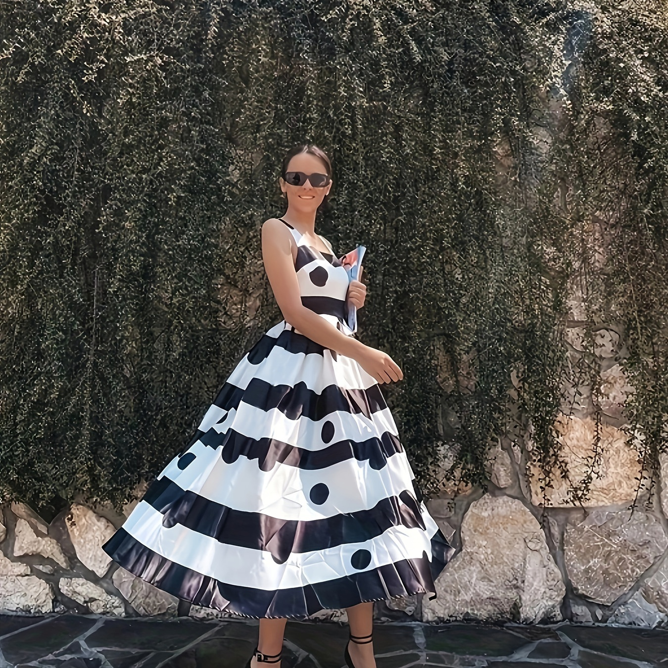

Polka Dot Striped Tank Dress, Elegant Square Neck Sleeveless Bouffont Dress For Spring & Summer, Women's Clothing