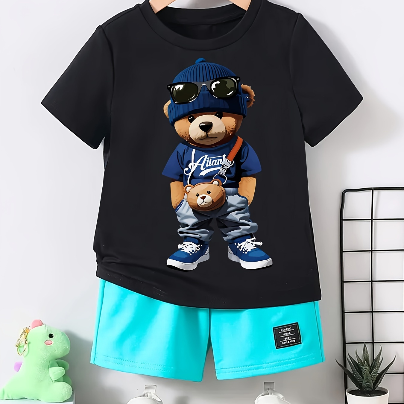 

T-shirt Cool Bear imprimé pour garçons, polyester col rond manches courtes avec une légère élasticité, haut décontracté d'été pour enfants - T-shirt en tricot à motif animal coupe standard