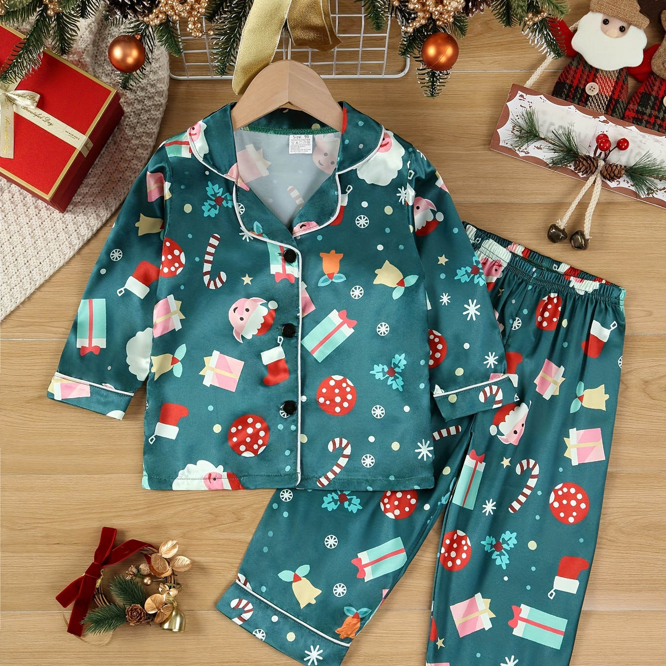 

2 Pcs Girl's Elegant Ice Wear Set, Christmas Element Print Lapel Long Sleeve & Long Pants, Comfy & Skin-friendly Set, As Daily Gift